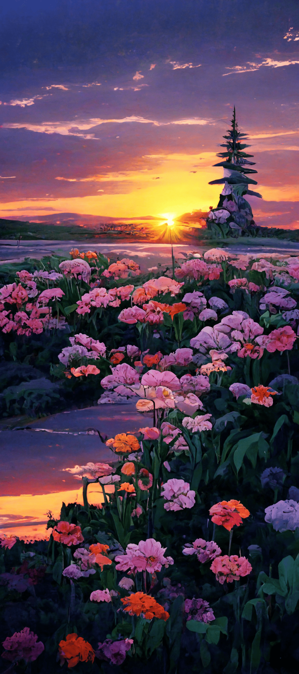 A painting of flowers and water at sunset - 90s anime