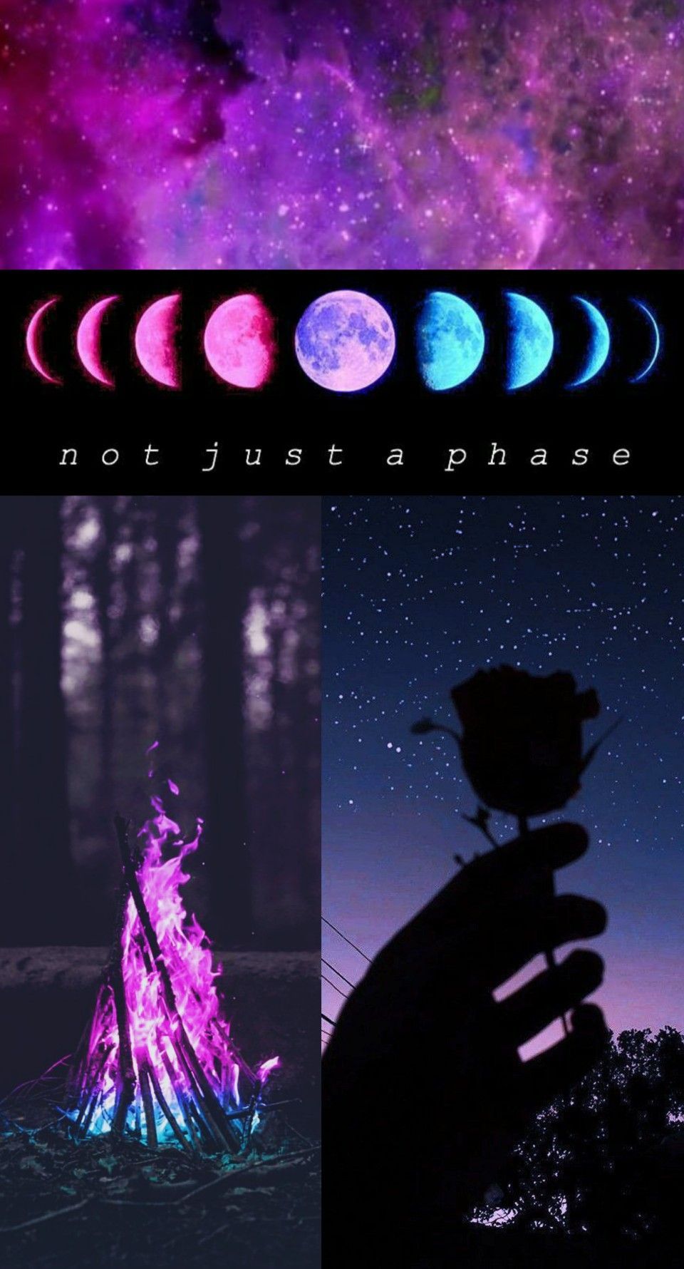 Aesthetic wallpaper for phone with moon phases, a campfire, a rose, and the words 