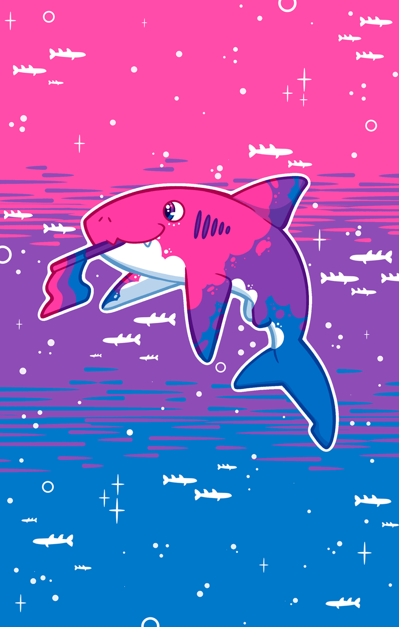 A pink shark with a rainbow tail swims in the ocean. - Bisexual