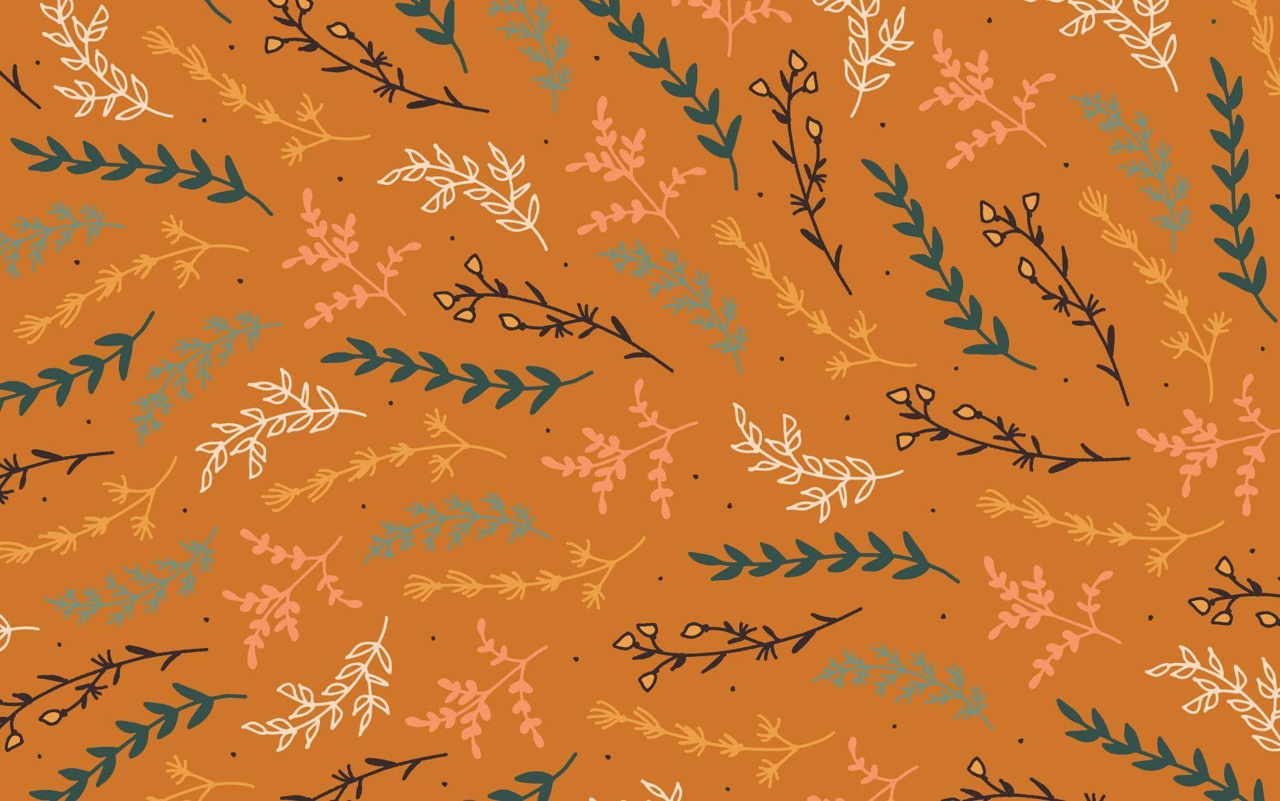 A pattern of leaves and flowers on an orange background - October, pattern