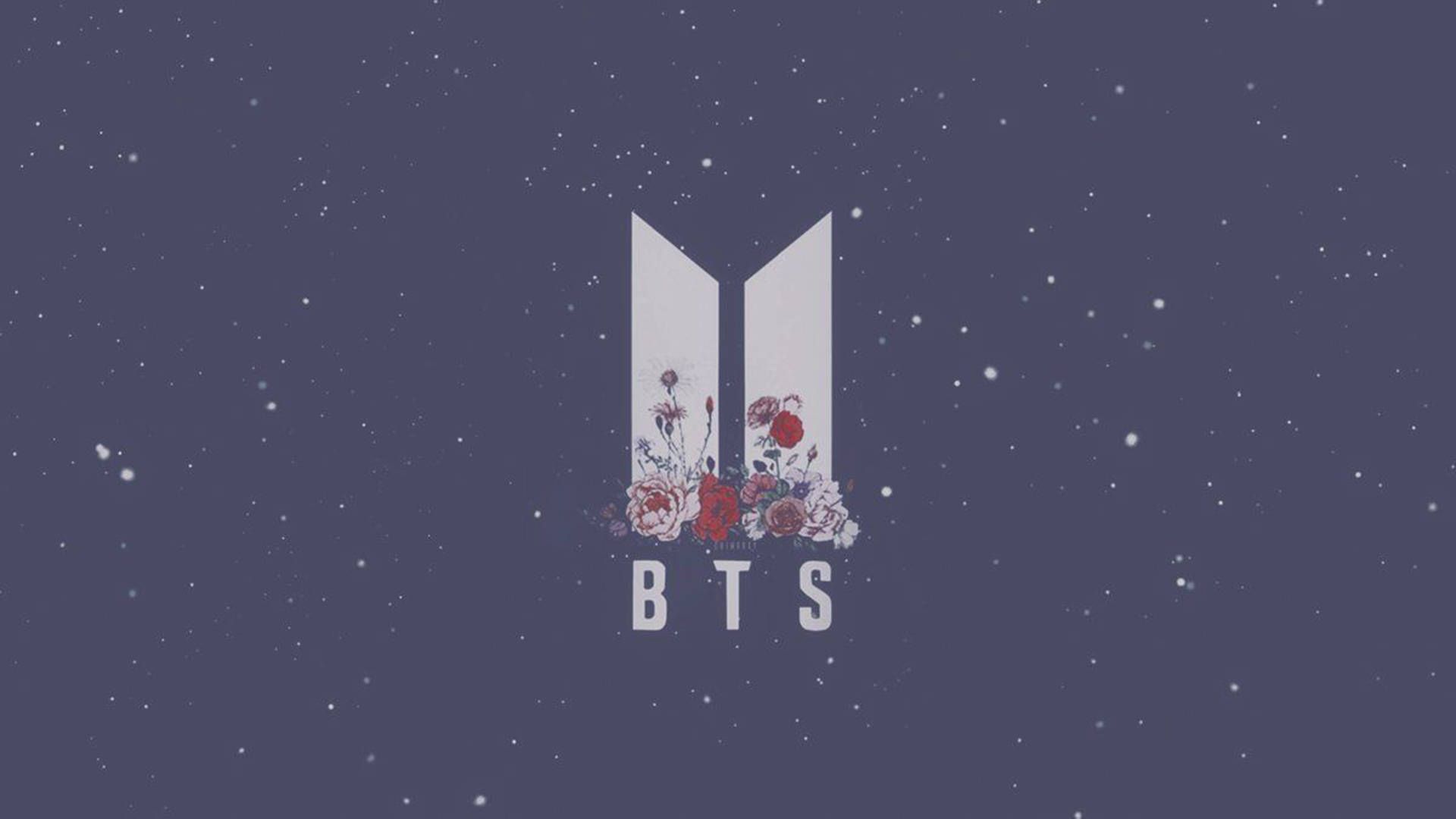 A dark purple background with white stars. The BTS logo is in the center of the image. The letters 