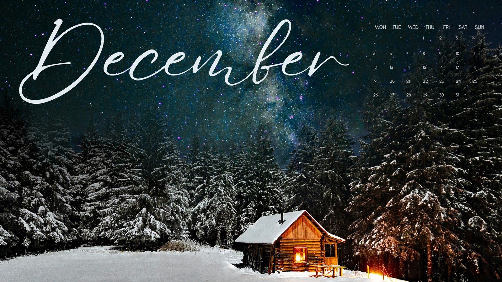 The december 2019 calendar with a cabin in snow - Snow, winter