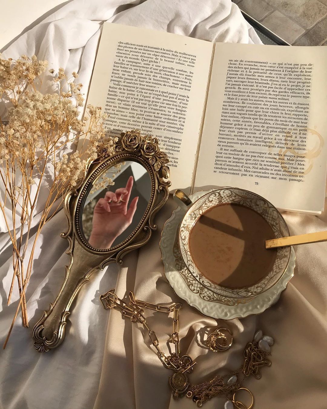 A book, a cup of coffee, a mirror, and some necklaces - Vintage, photography, Dior, champagne, coffee, retro