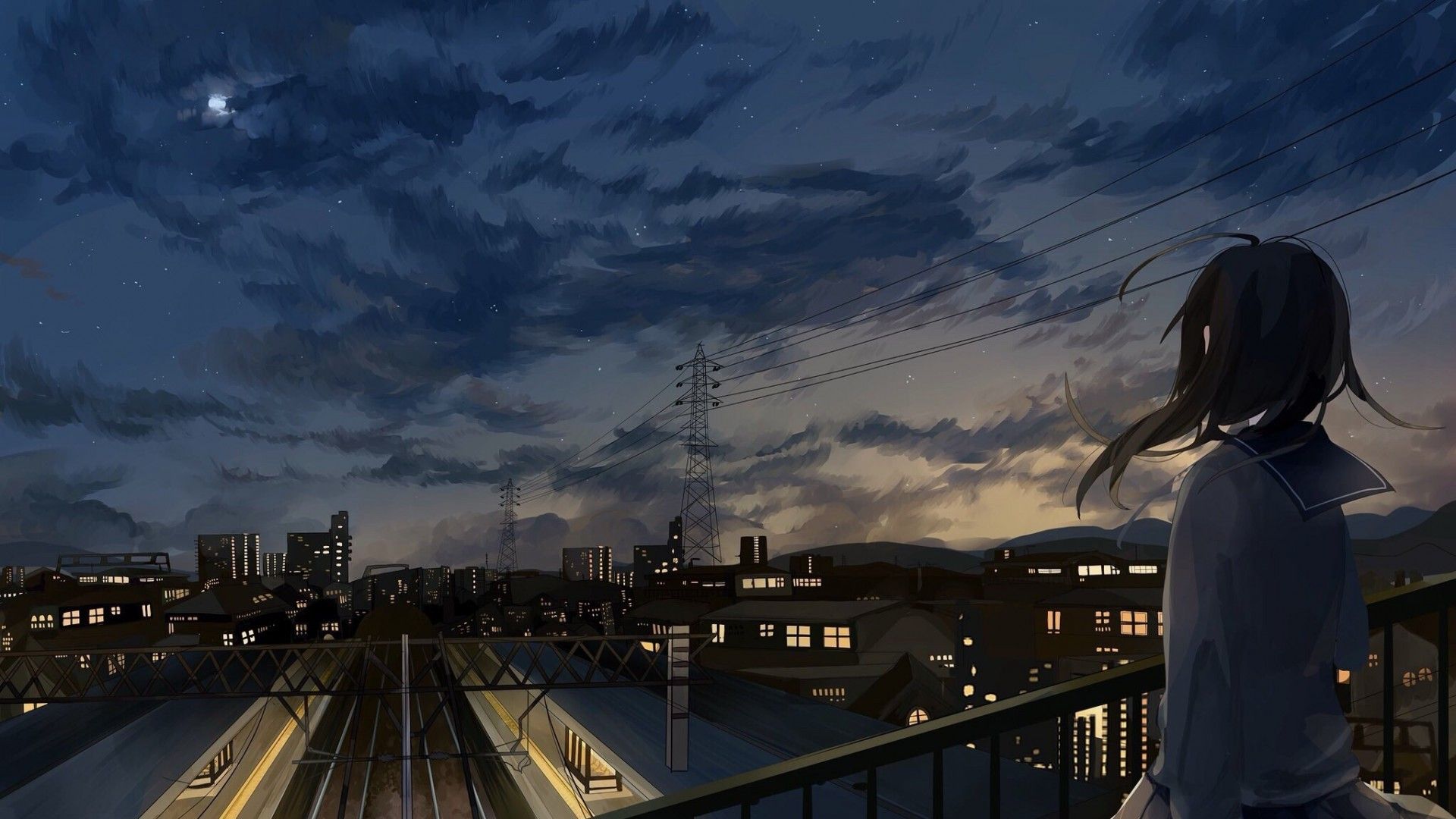 A beautiful anime night city wallpaper with a girl looking out over the city. - Anime city