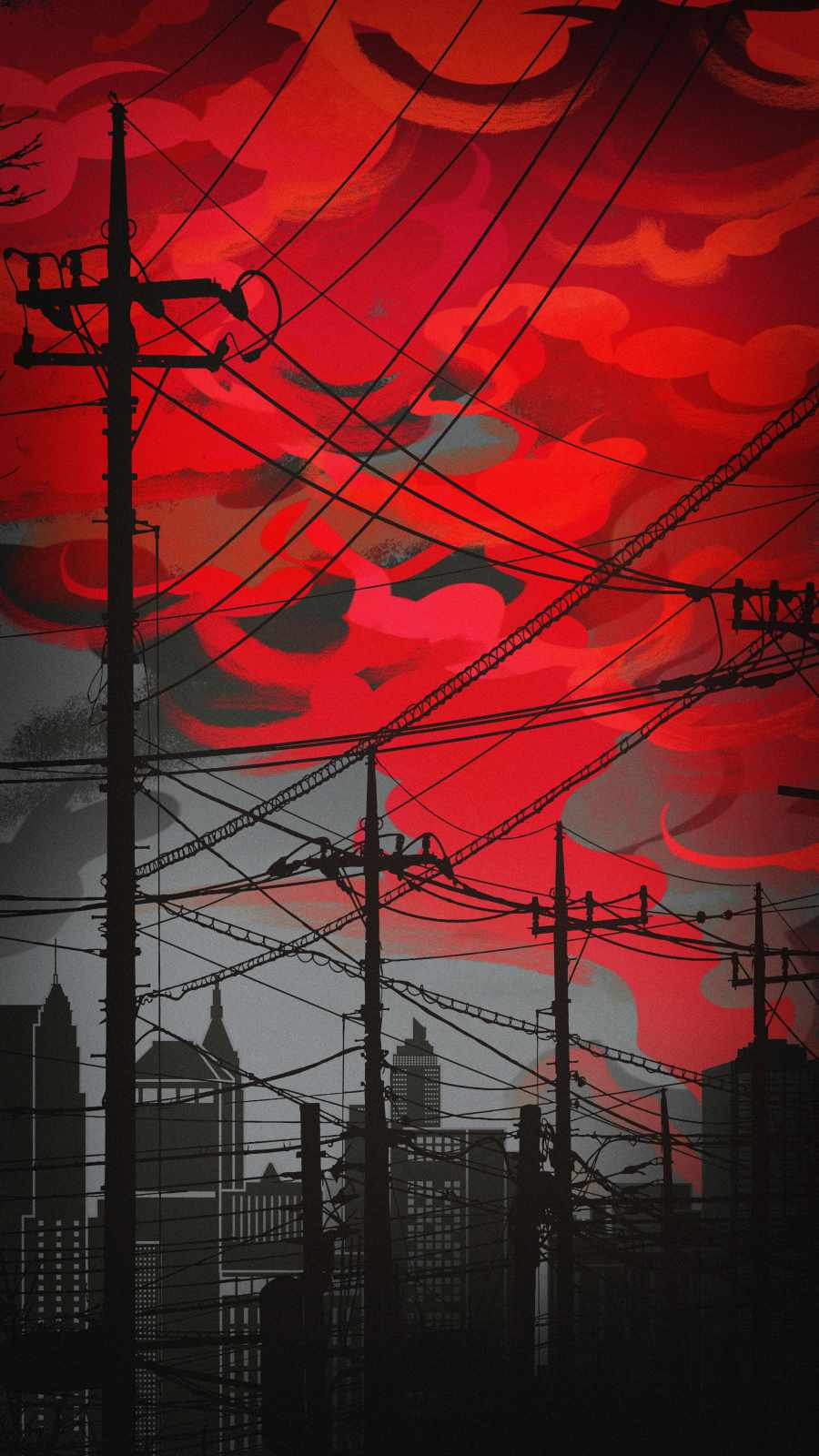 A city skyline with power lines and telephone poles - Anime city, iPhone red