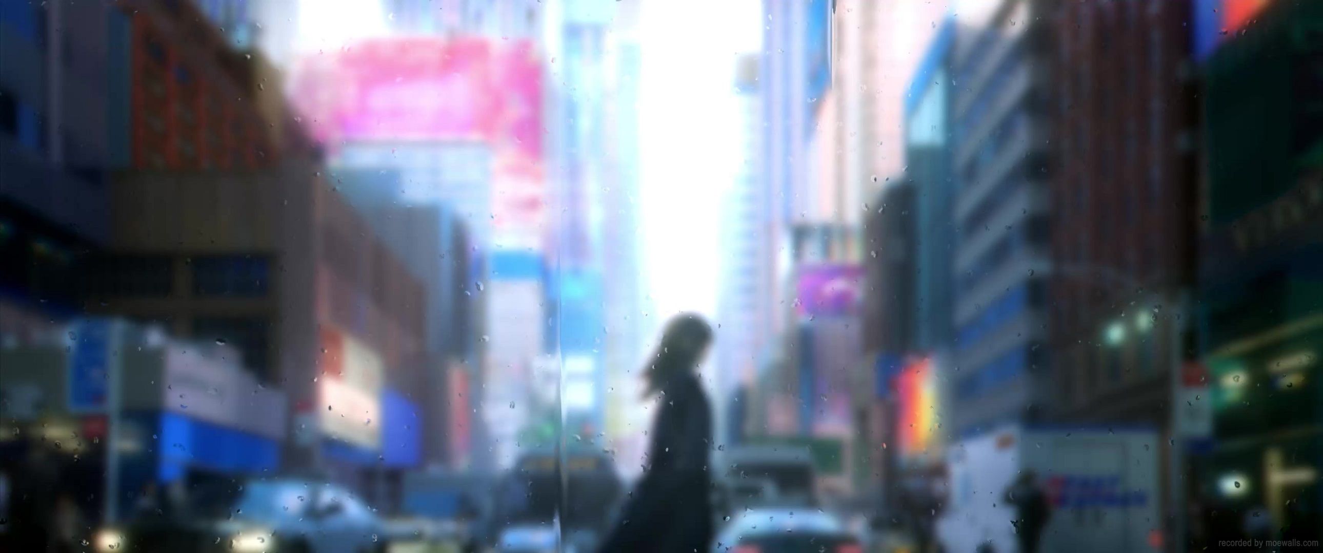 A woman walking down the street in front of tall buildings - Anime city