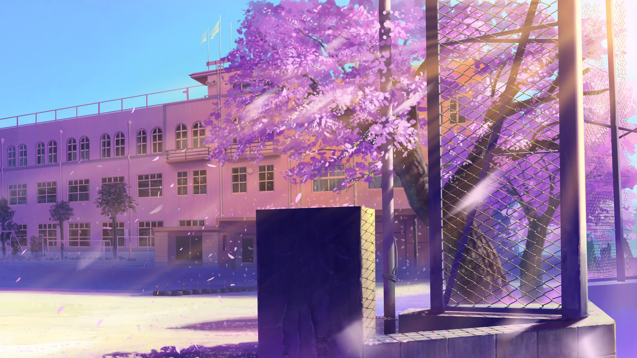 A purple tree in front of an old building - Anime landscape, school