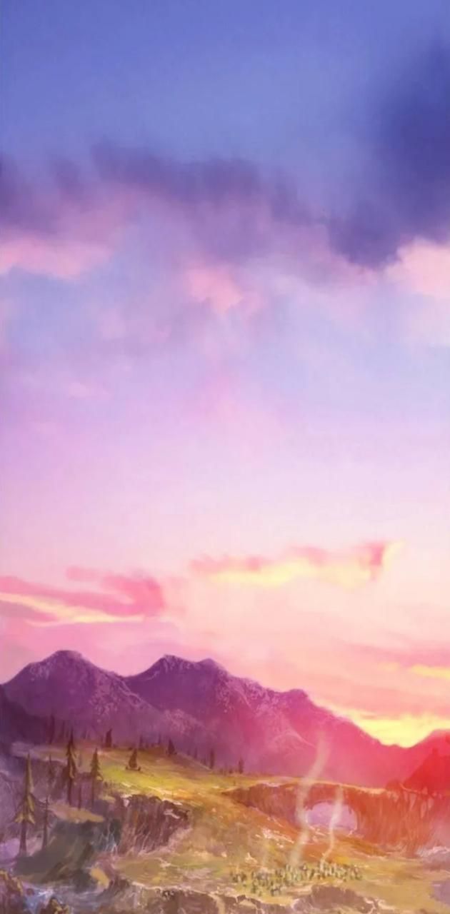 The sky is pink and purple in this painting - Anime landscape