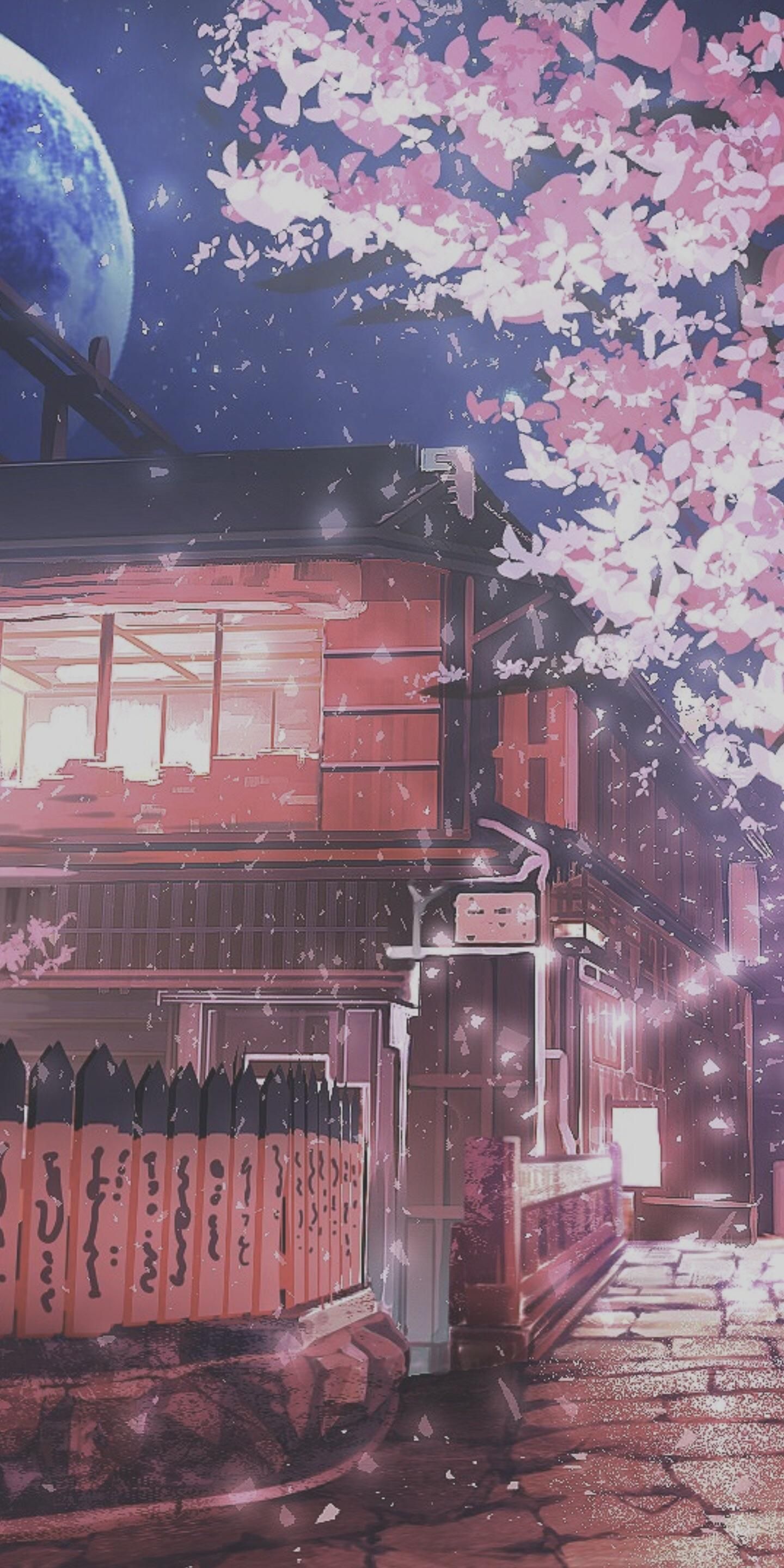Aesthetic anime houses and cherry blossoms wallpaper - Anime landscape, scenery