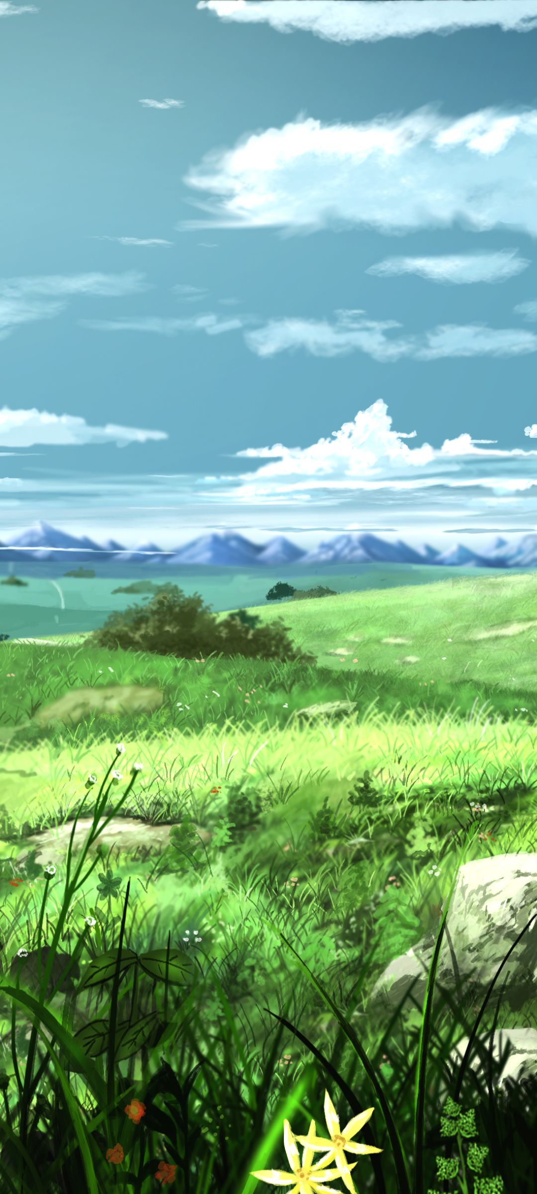 A wallpaper of a field with grass, flowers, and mountains in the background - Anime landscape