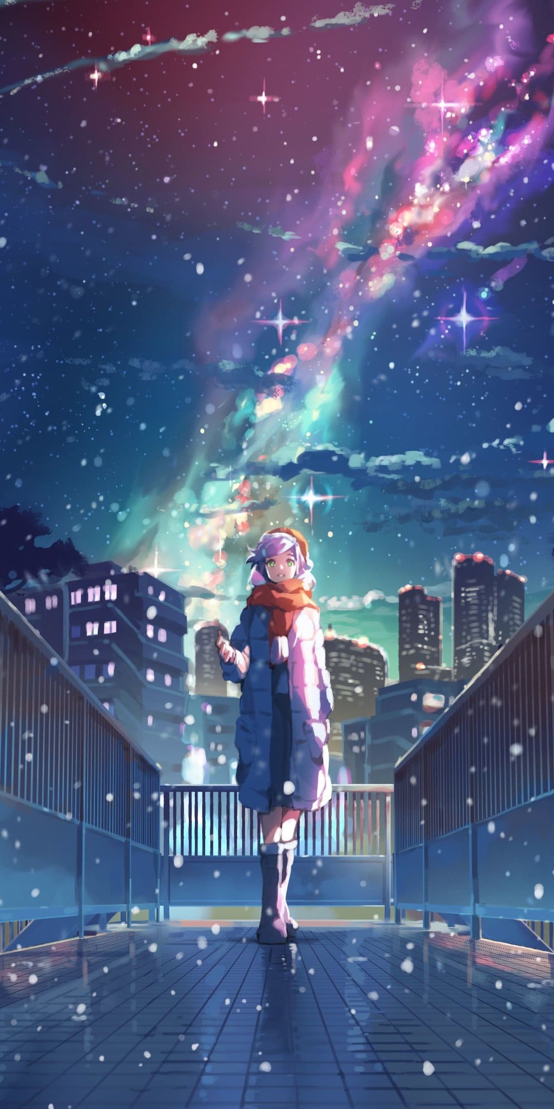 A girl is standing on the bridge in front of stars - Anime landscape