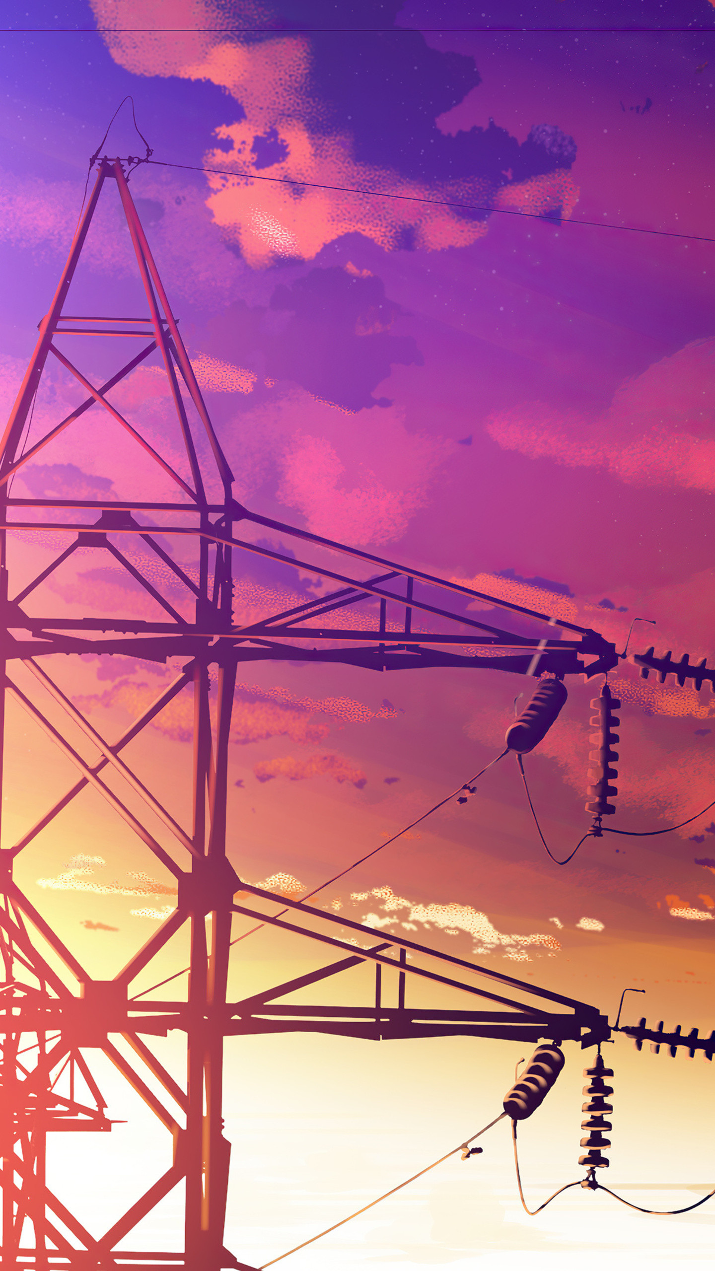 A digital painting of a power line against a purple and orange sky - Anime landscape