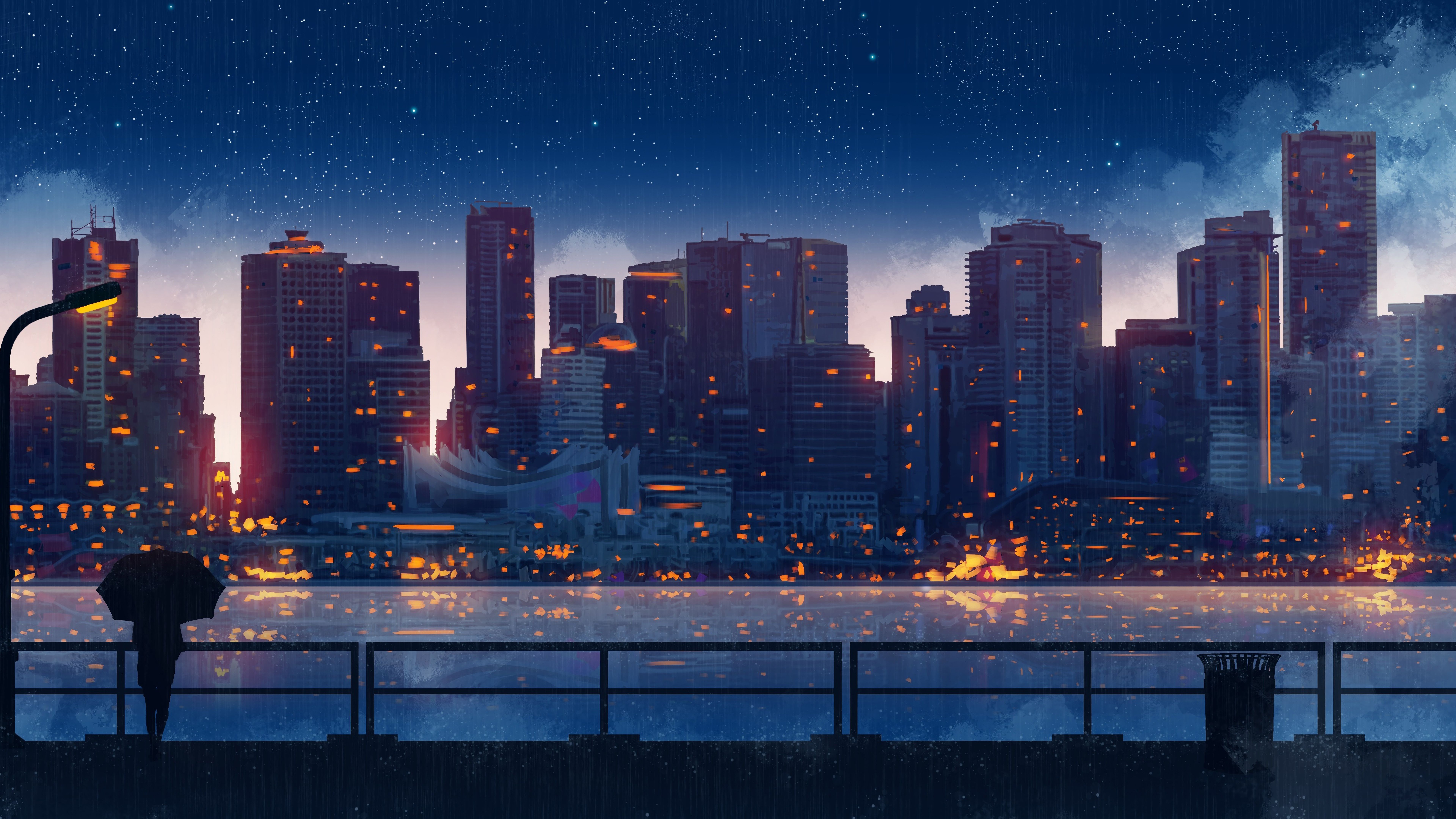 A city skyline with people on the pier - Anime landscape