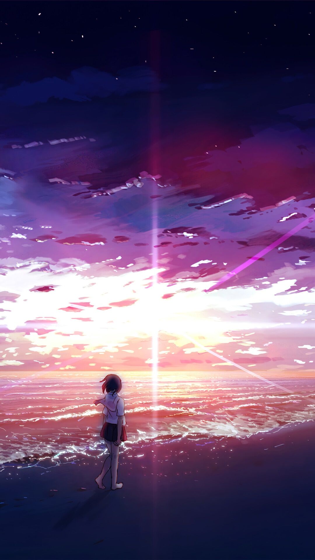 A person standing on the beach looking at an animated sunset - Anime landscape