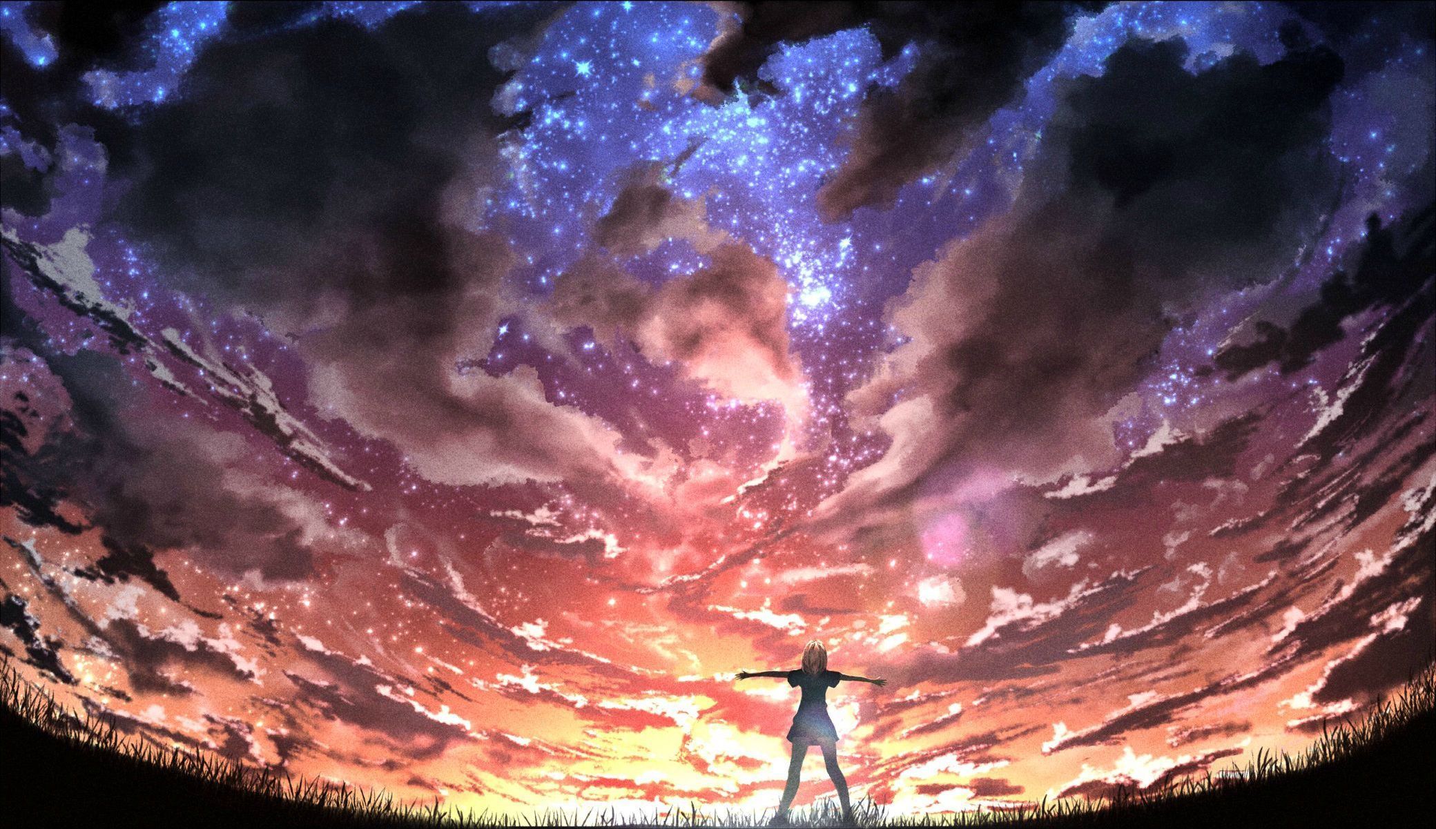 A girl standing in a field with her arms outstretched, looking up at a sky filled with stars - Anime landscape