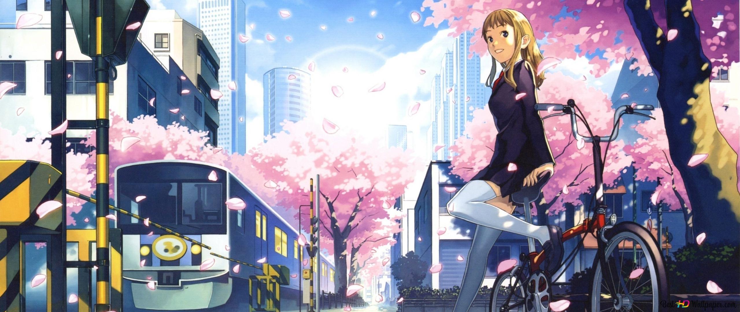 Anime girl riding a bike in the city - Anime landscape