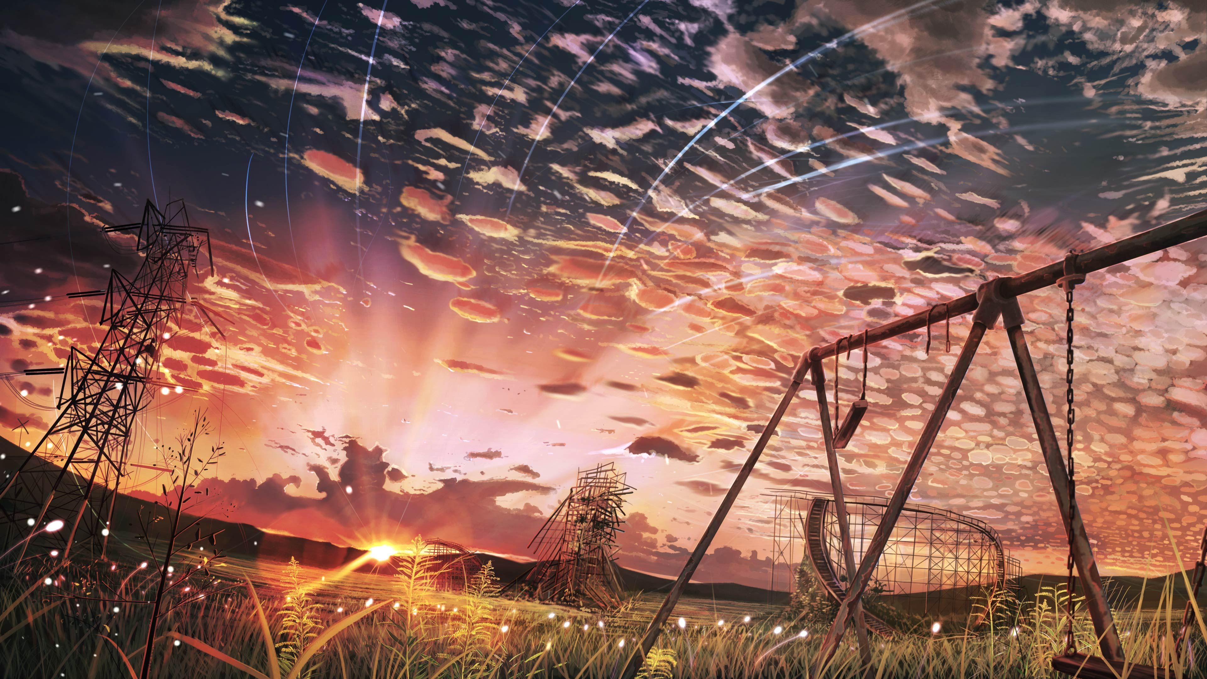A painting of an old swing set in the middle - Anime landscape