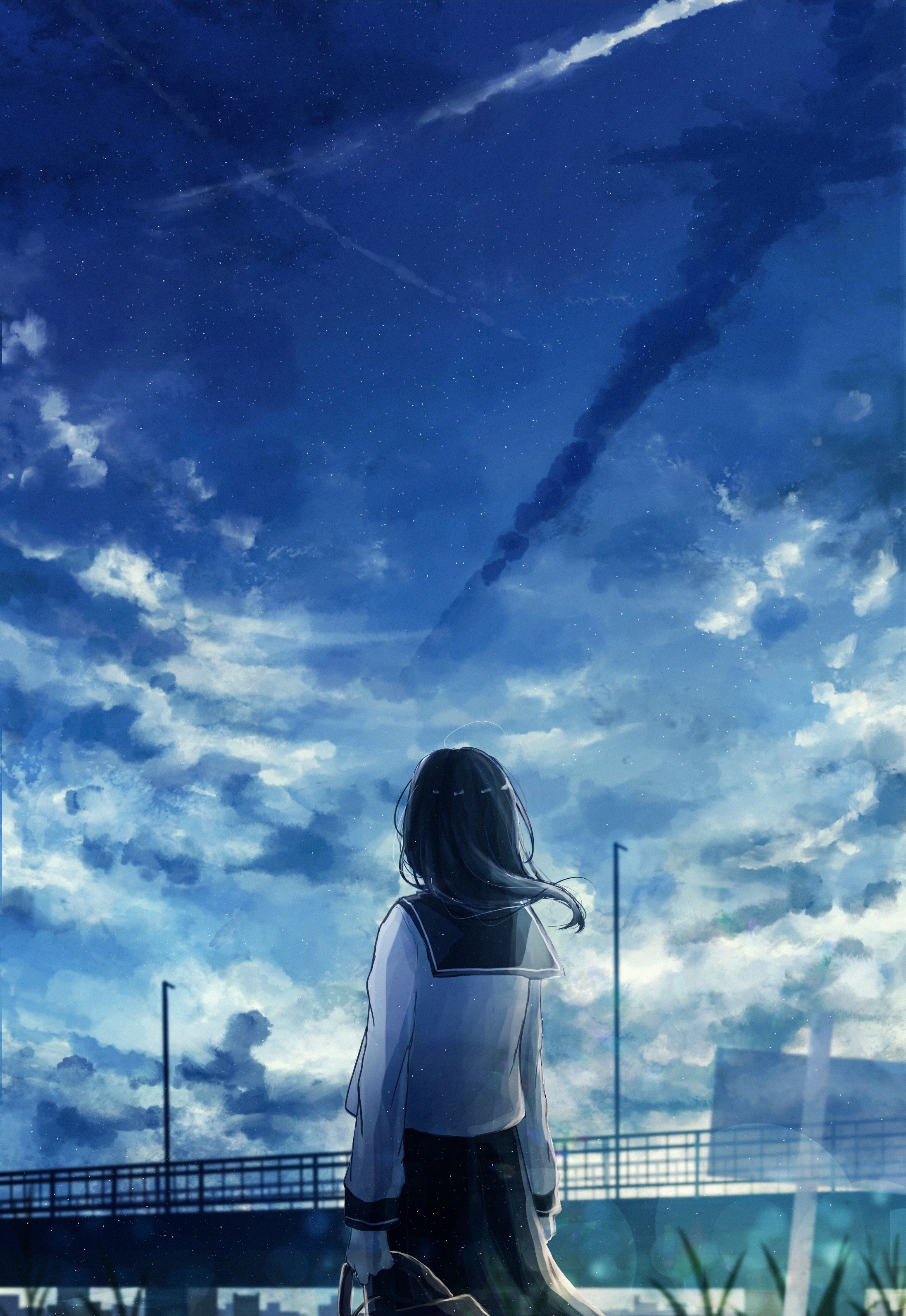 Download 800x1280 Anime Landscape, School Girl, Back View, Clouds Wallpaper for Galaxy Note, Samsung Galaxy Tab 2 10. Samsung Galaxy Tab 10. Galaxy Note 10. Asus Nexus 7