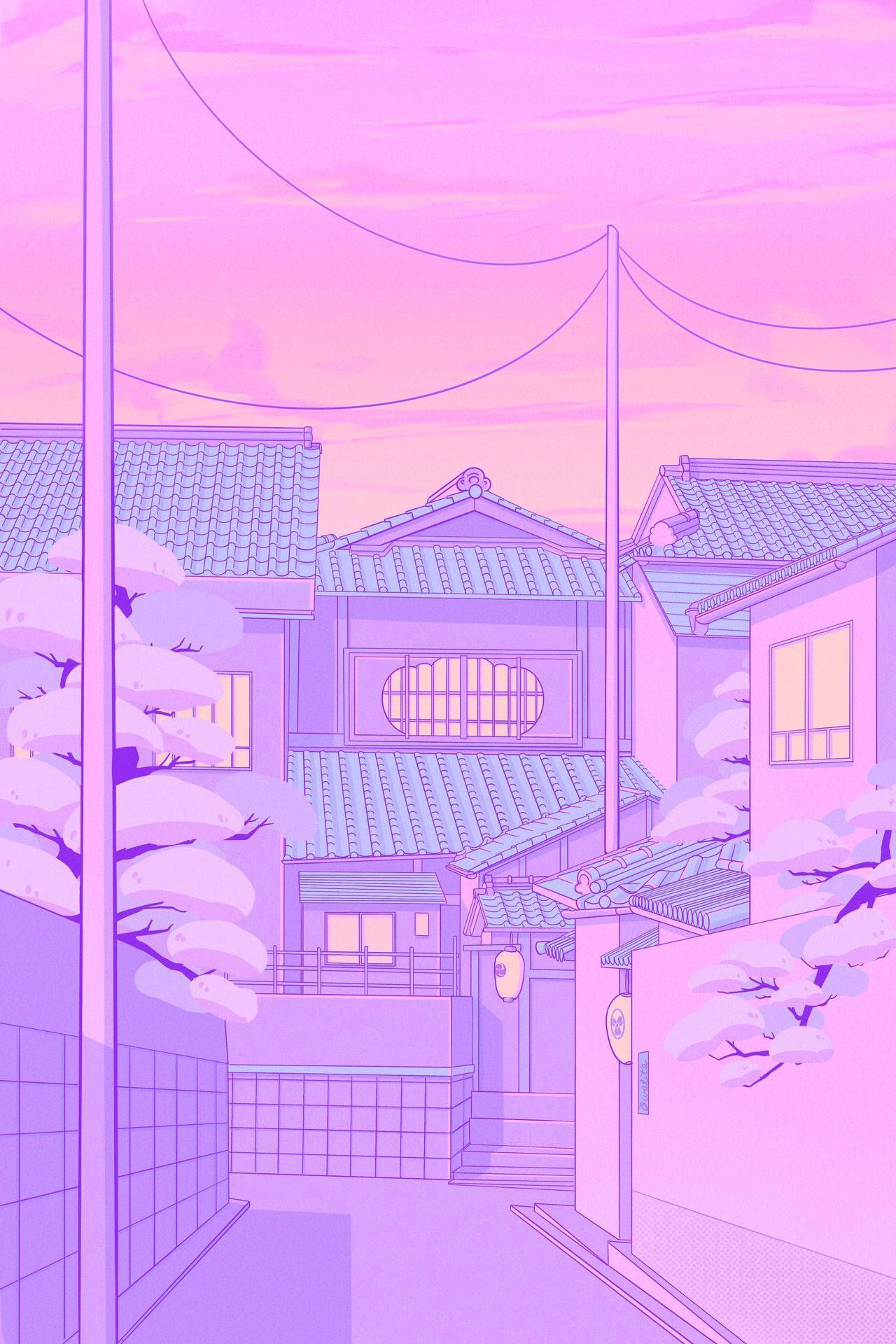 A purple and pink city street - Anime landscape