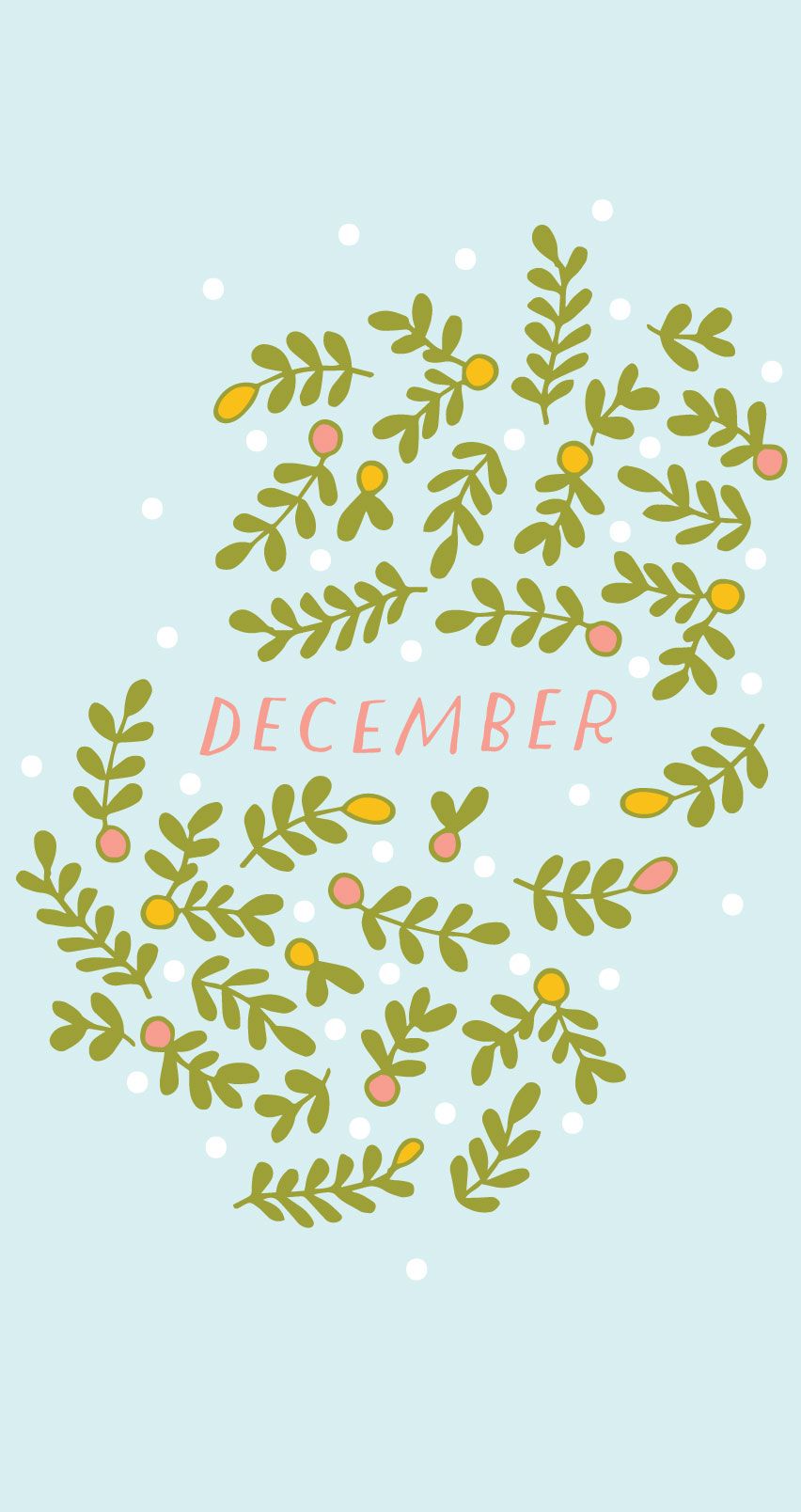 December wallpaper with greenery and snowflakes on a blue background - December