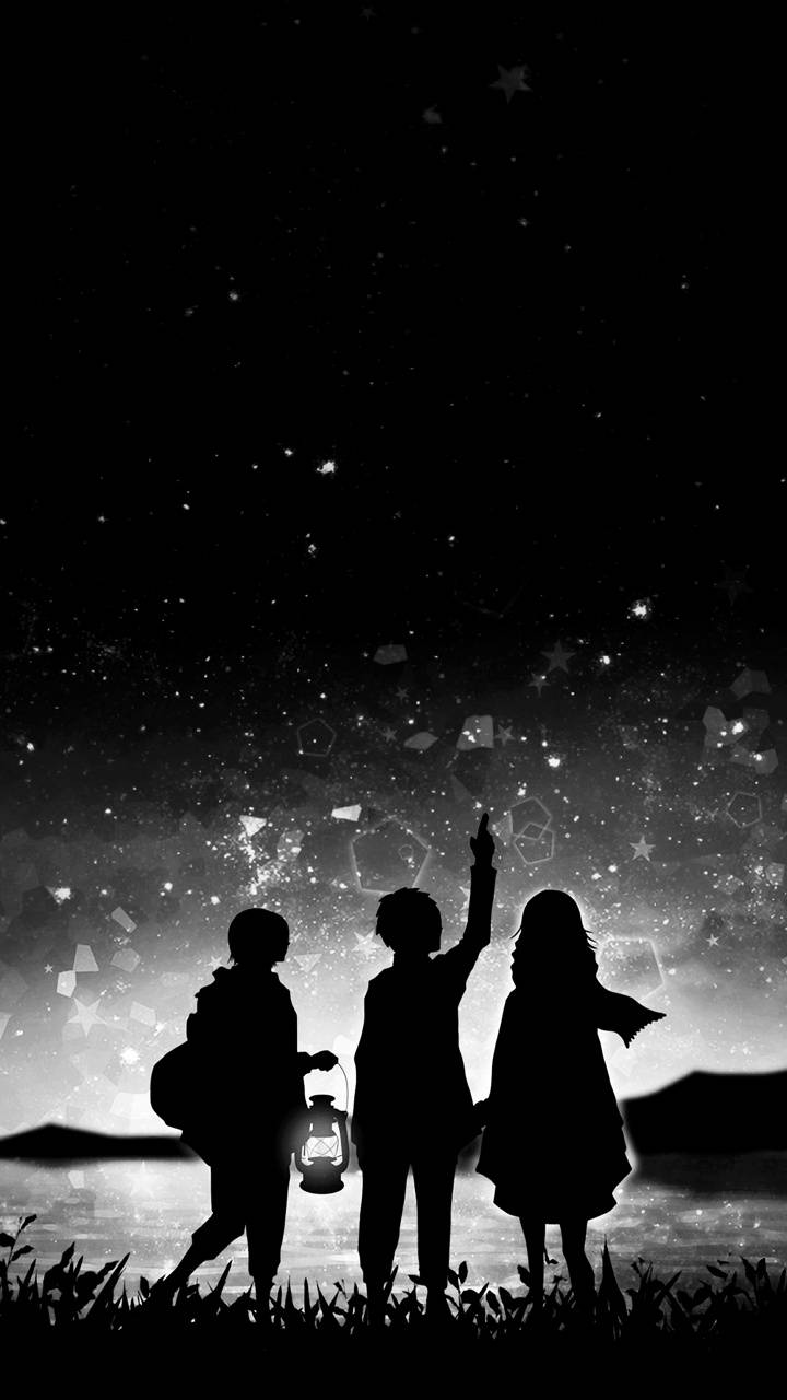 Three children standing in the dark with stars above them - Attack On Titan