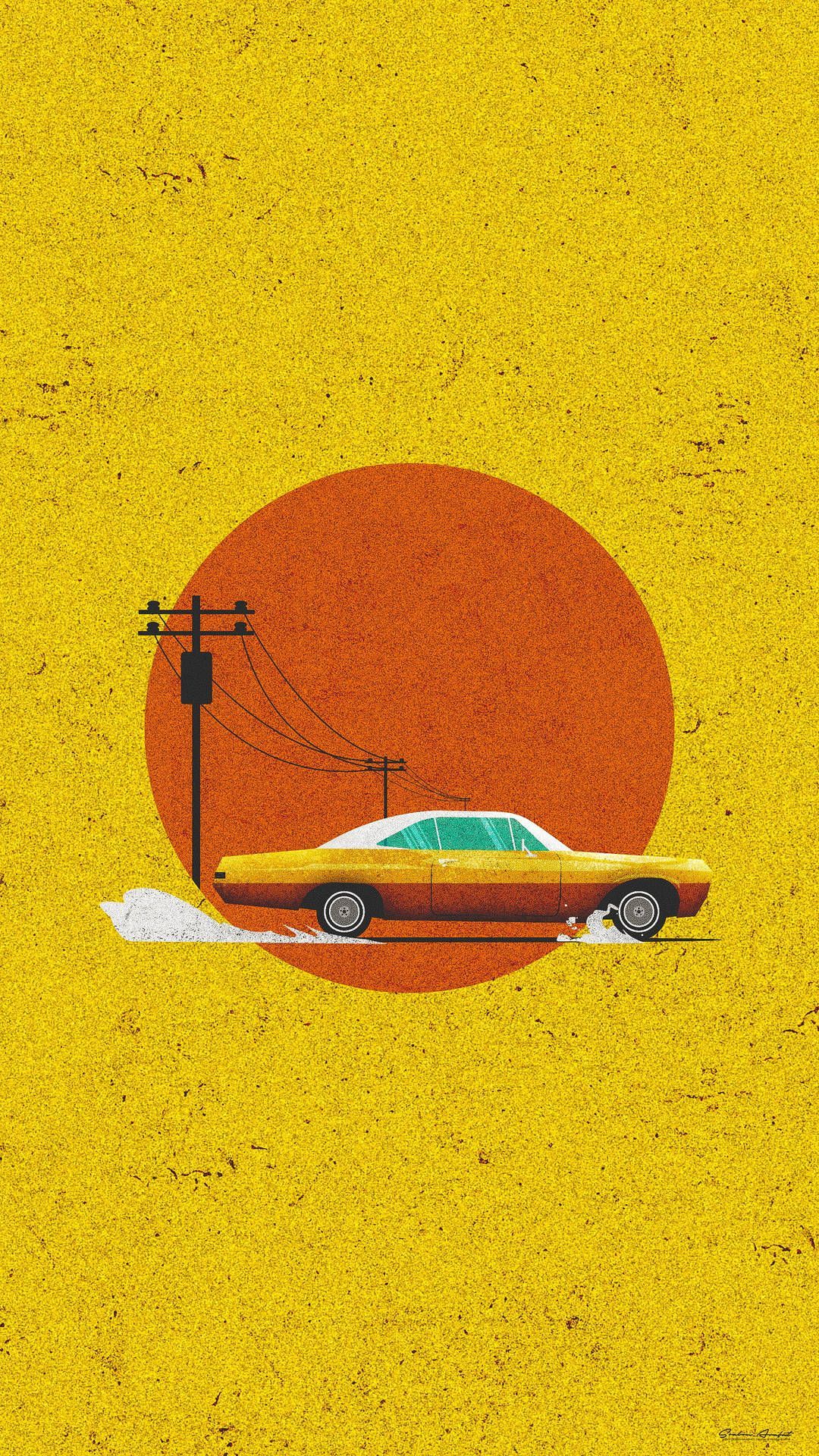 Minimalist poster of a car in front of a sunset - Vintage, 90s, retro