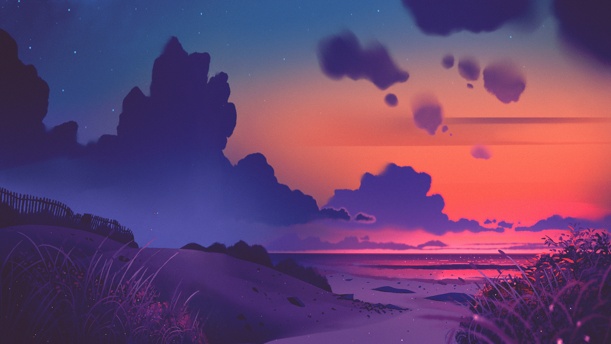 A digital painting of a beach at night with a purple and blue sky - 2560x1440