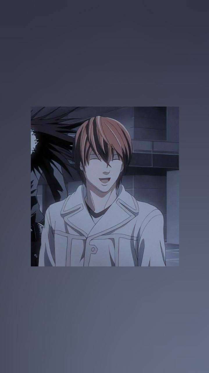 A picture of a young man with brown hair and a white jacket standing in front of a palm tree. - Death Note