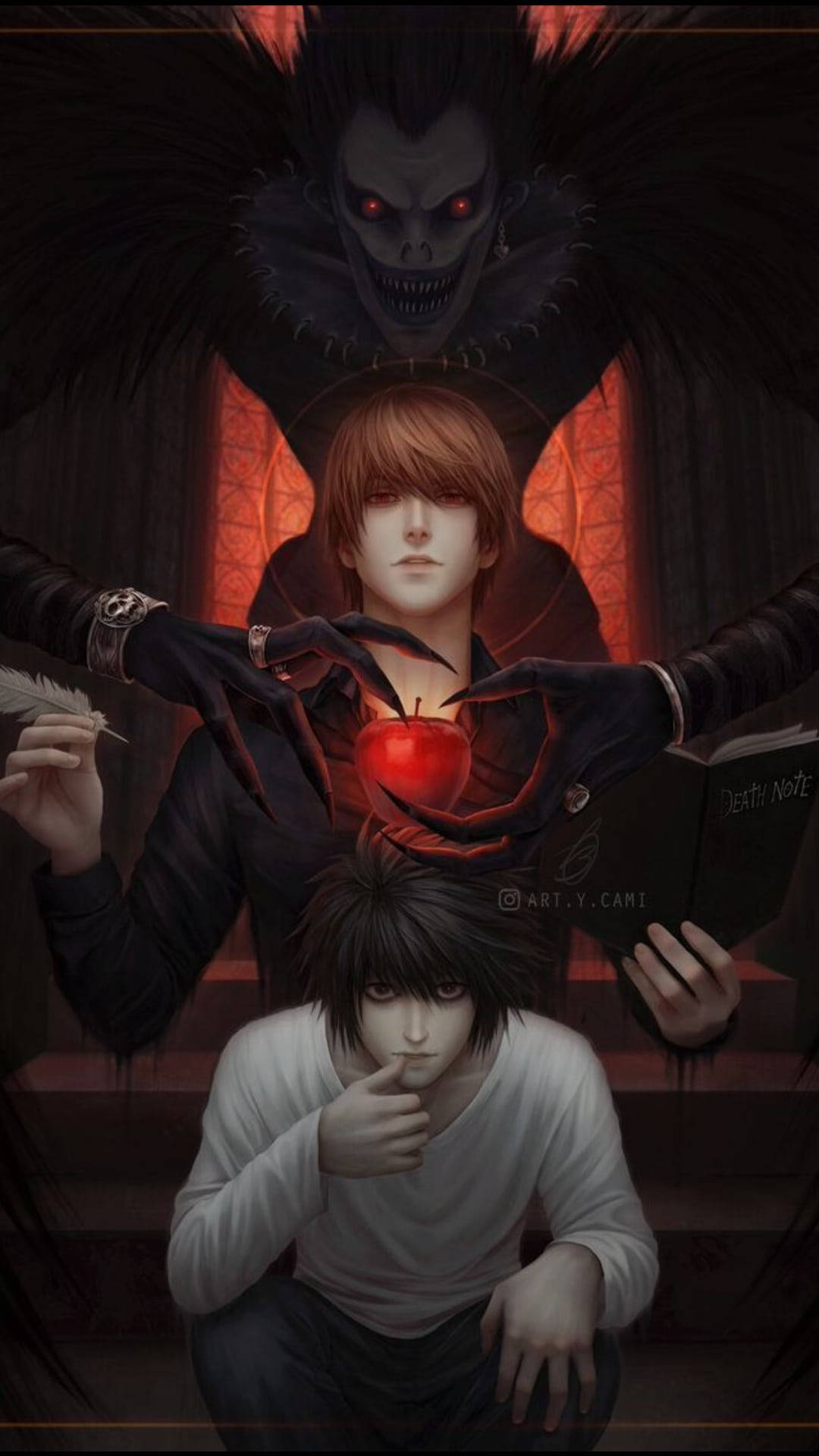 A poster of two people with wings and an apple - Death Note