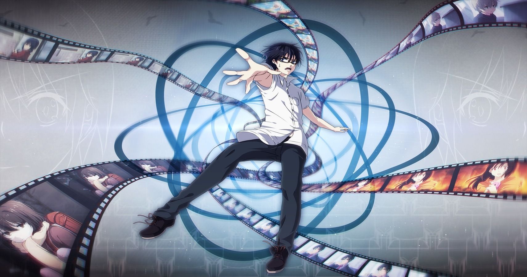 A man with black hair and a white shirt is floating in the air, surrounded by filmstrips. - Death Note