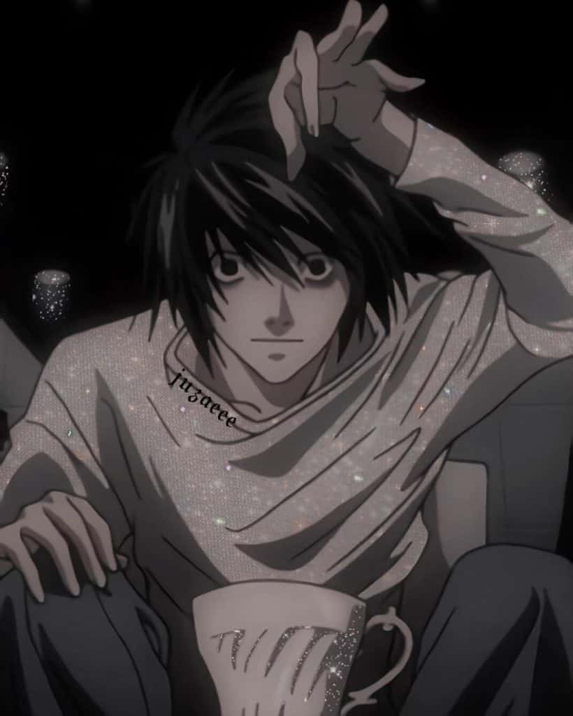 Anime boy with black hair sitting in a chair holding his hand - Death Note