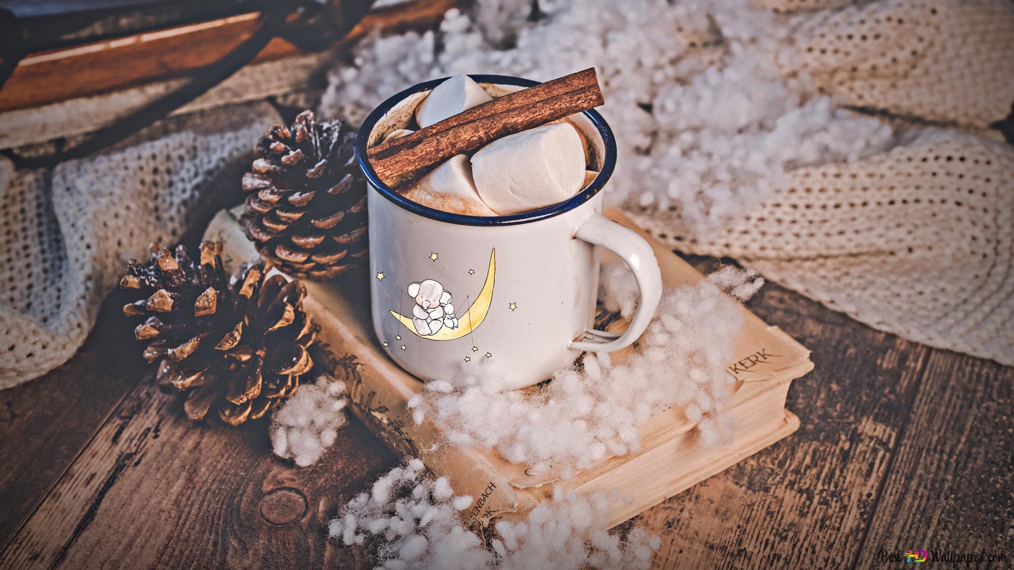 Warm hot Choco with cinnamon and Marshmallow in a white cup aesthetic 4K wallpaper download