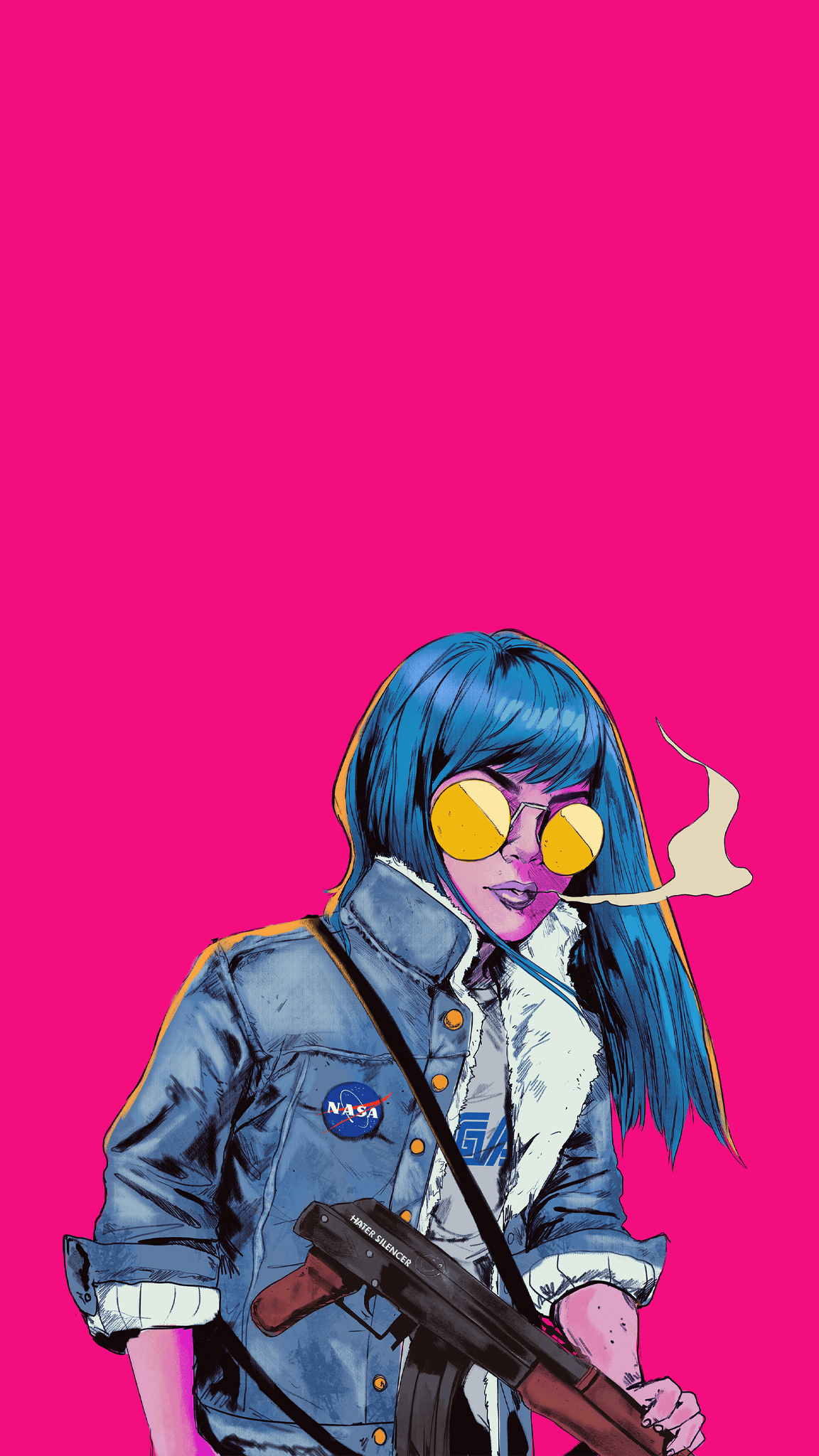 A girl with blue hair and sunglasses holding an automatic weapon - Punk, NASA