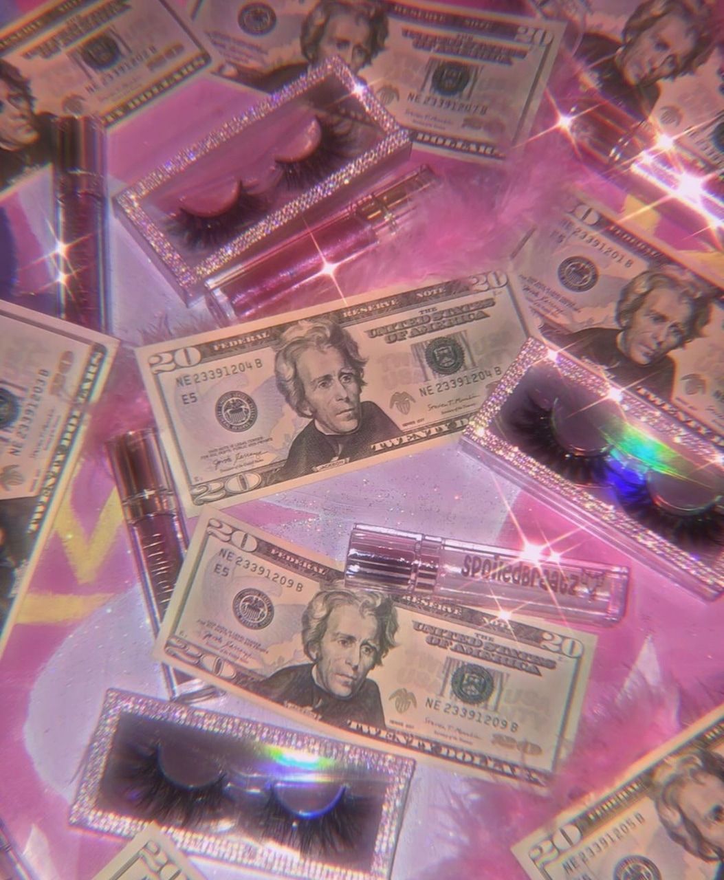 A pile of money and makeup on the table - Money