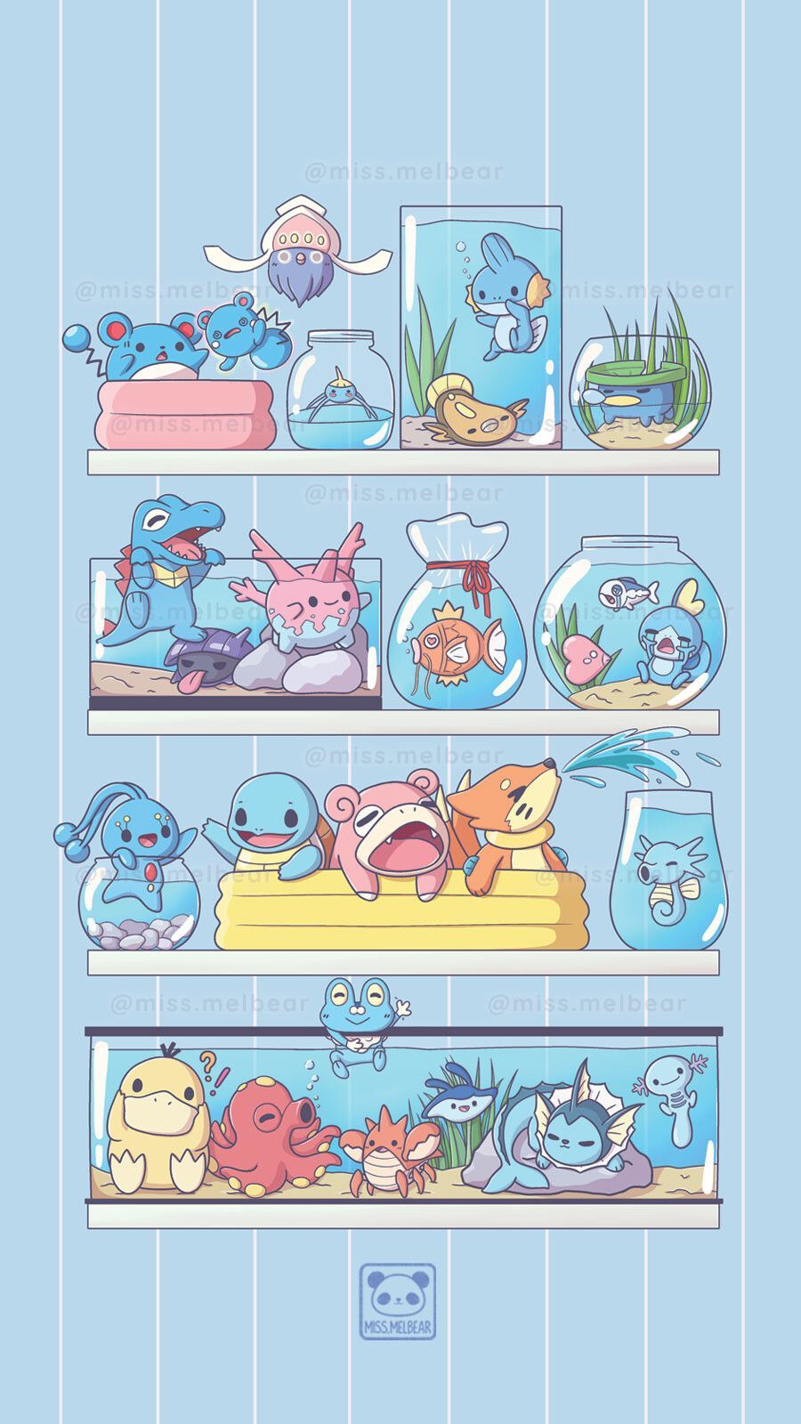 A phone wallpaper of shelves with Pokémon in fish bowls - Pokemon, Pikachu