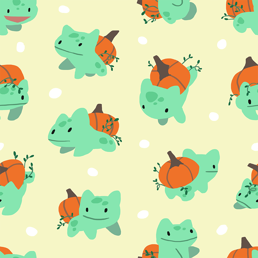 A pattern of green frogs and pumpkins - Pokemon