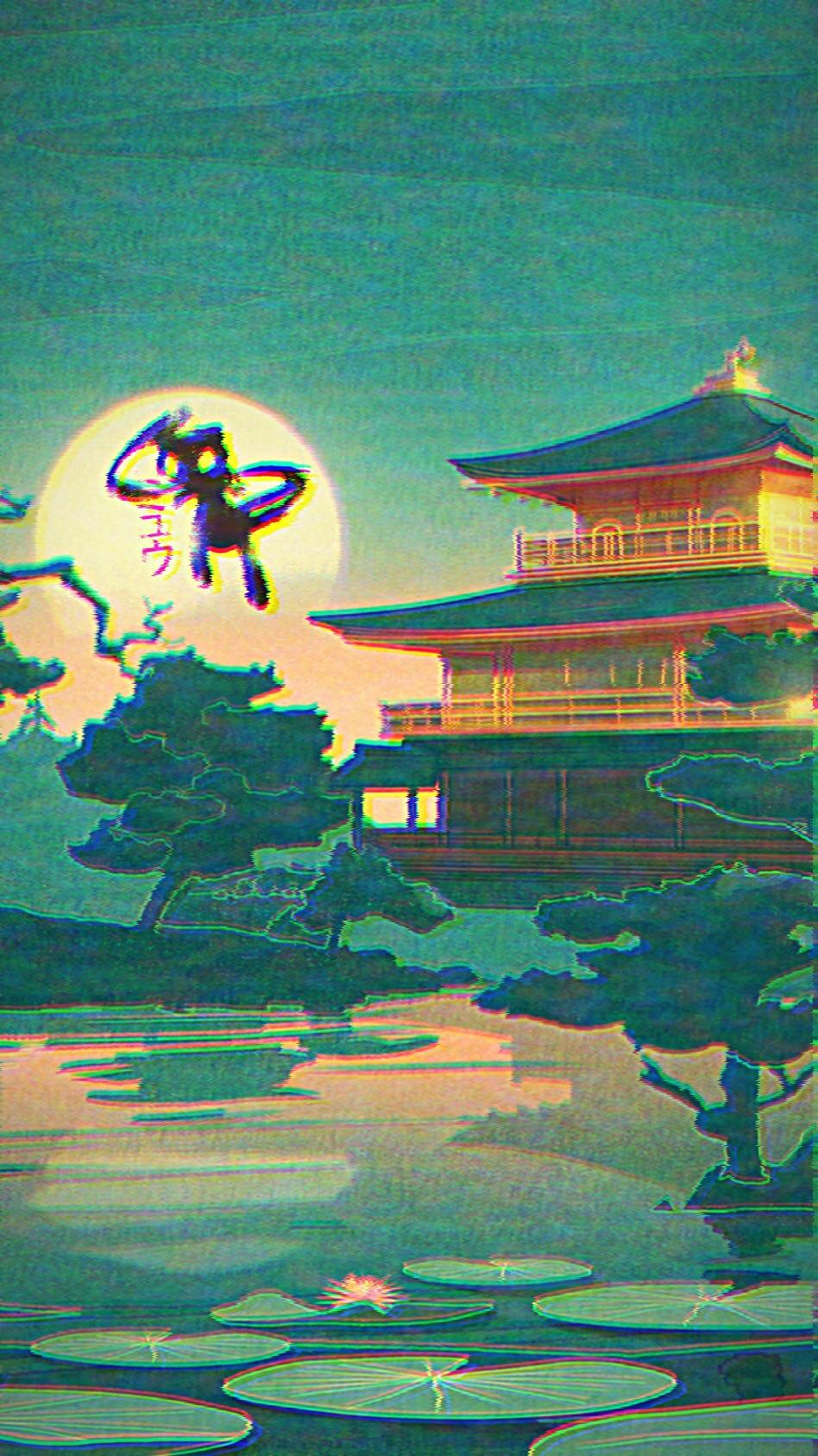 A painting of an oriental building with water in front - Pokemon