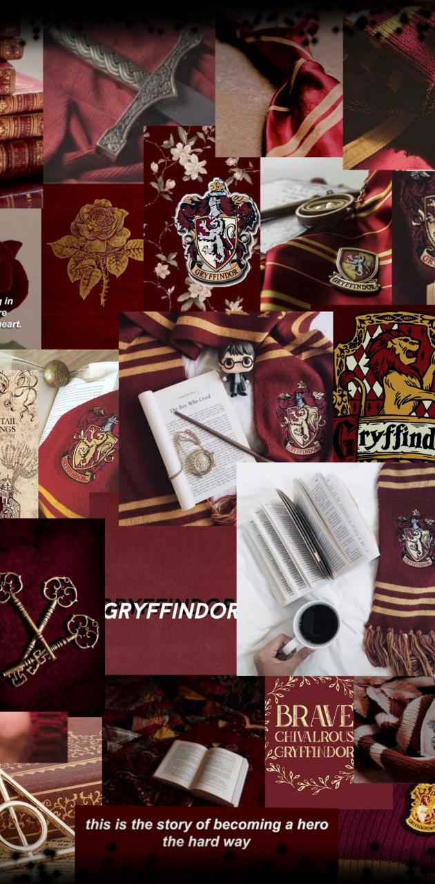 A collage of harry potter items and books - Gryffindor