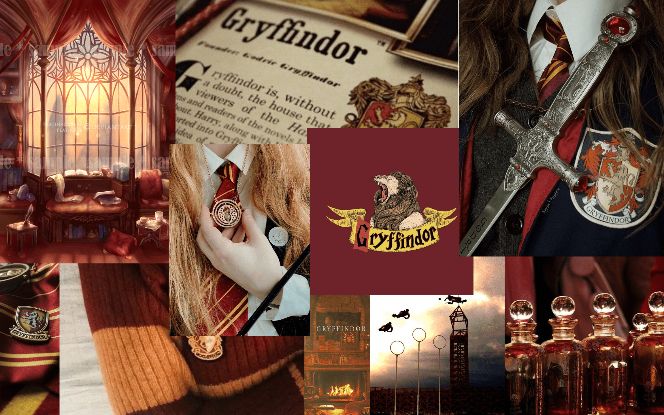 A collage of pictures with harry potter themes - Gryffindor