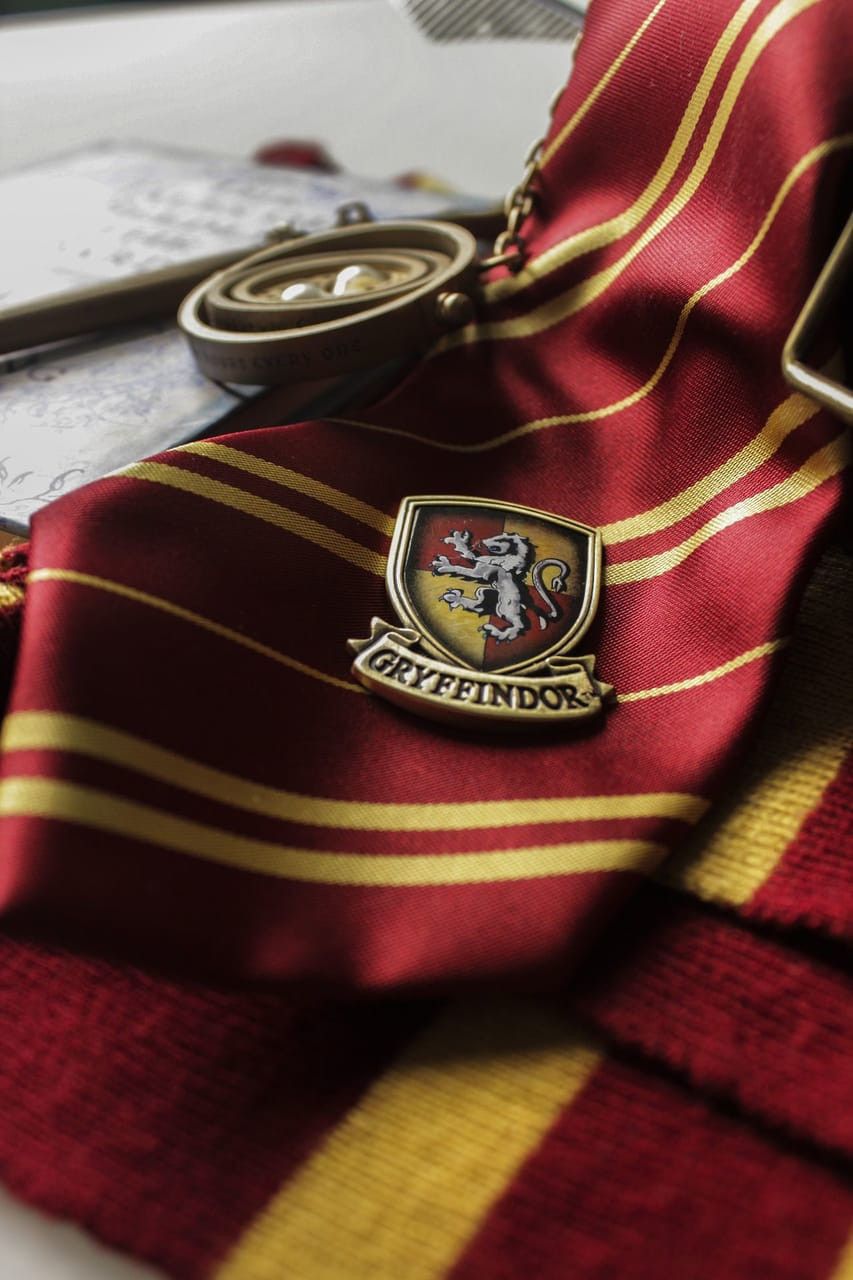 A Gryffindor tie, scarf, and badge from Harry Potter. - Gryffindor