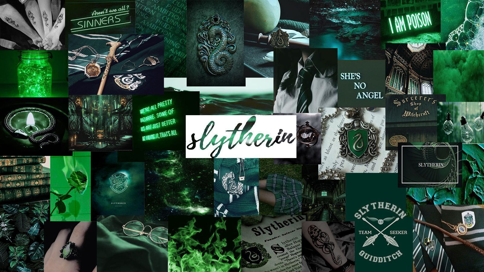 A collage of green and black Slytherin images. - Slytherin