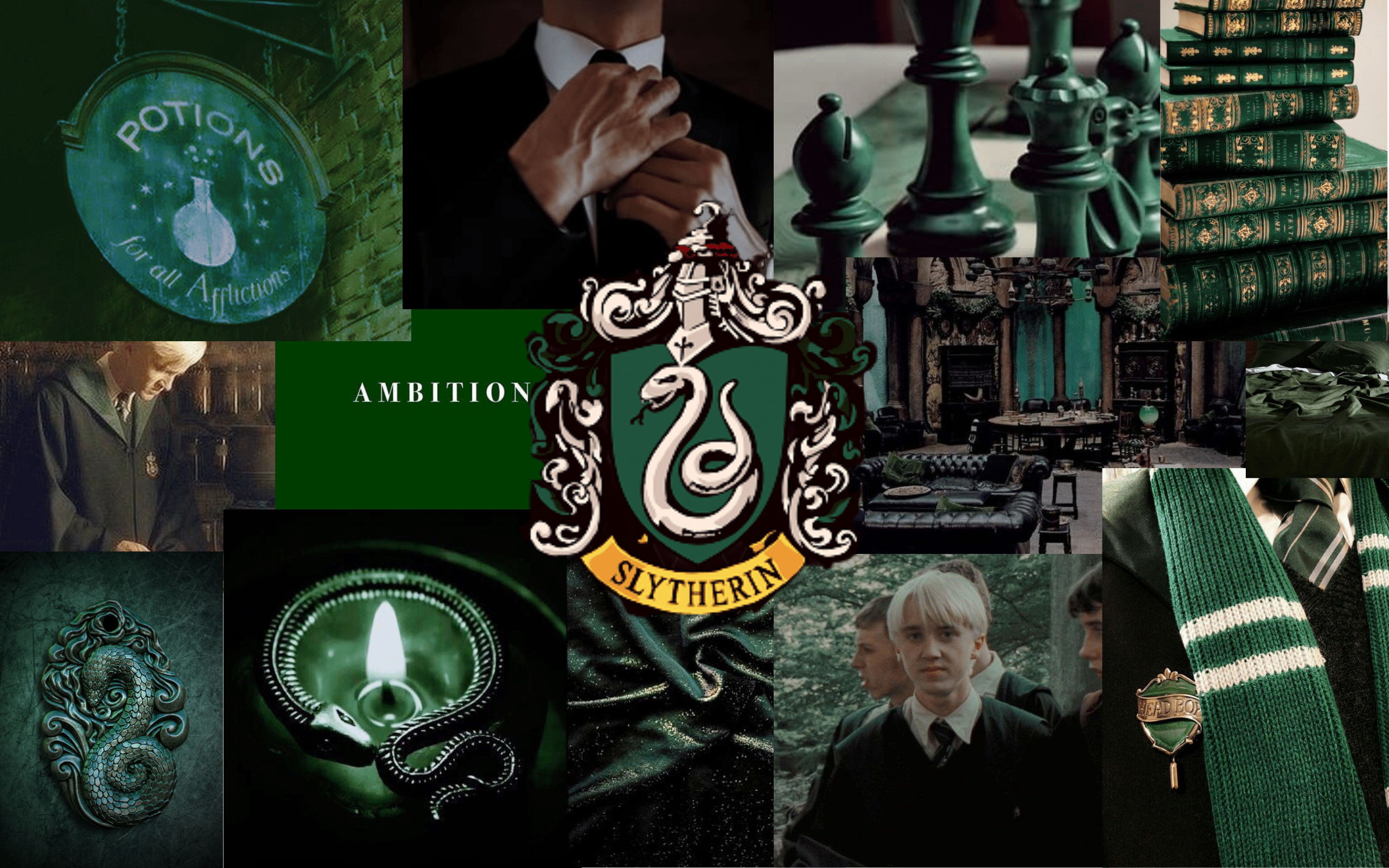 A collage of harry potter images - Slytherin