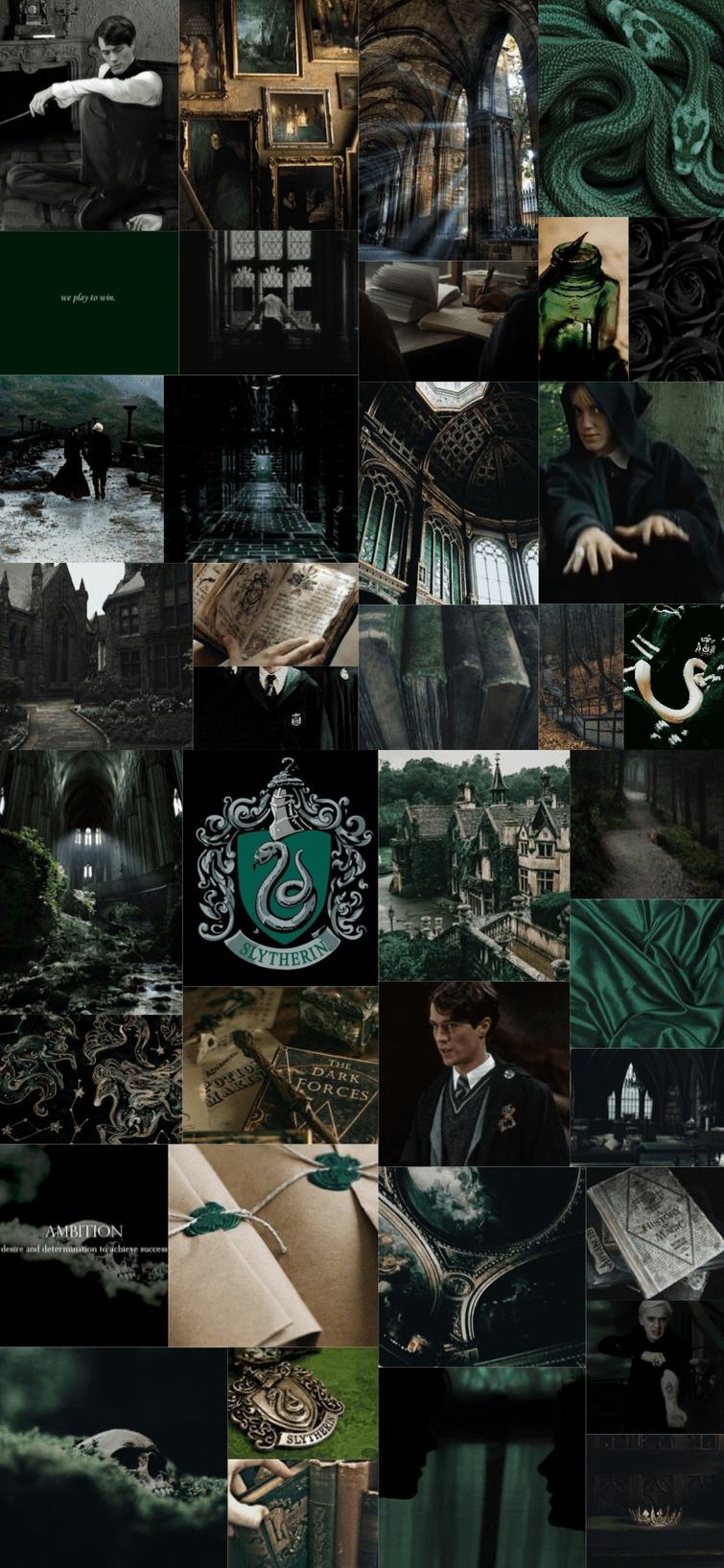 A collage of images related to the Harry Potter series, specifically focusing on the house of Slytherin. - Slytherin