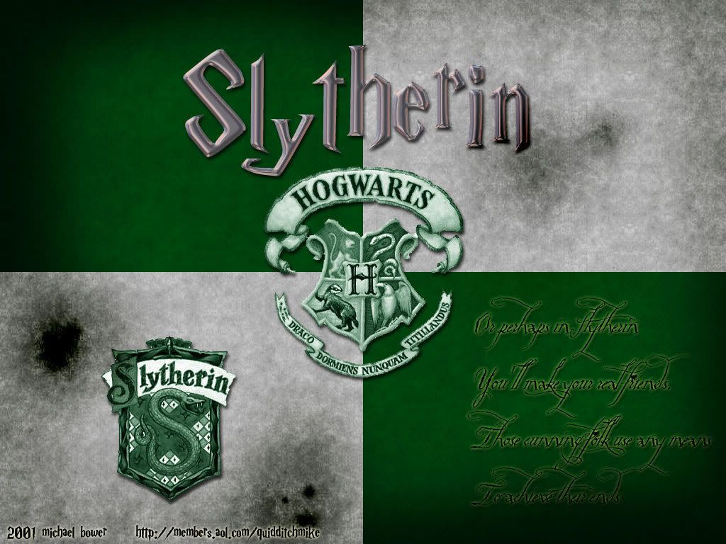 A green and grey Hogwarts crest with the words 'Slytherin' above and 'Hogwarts' below. - Slytherin