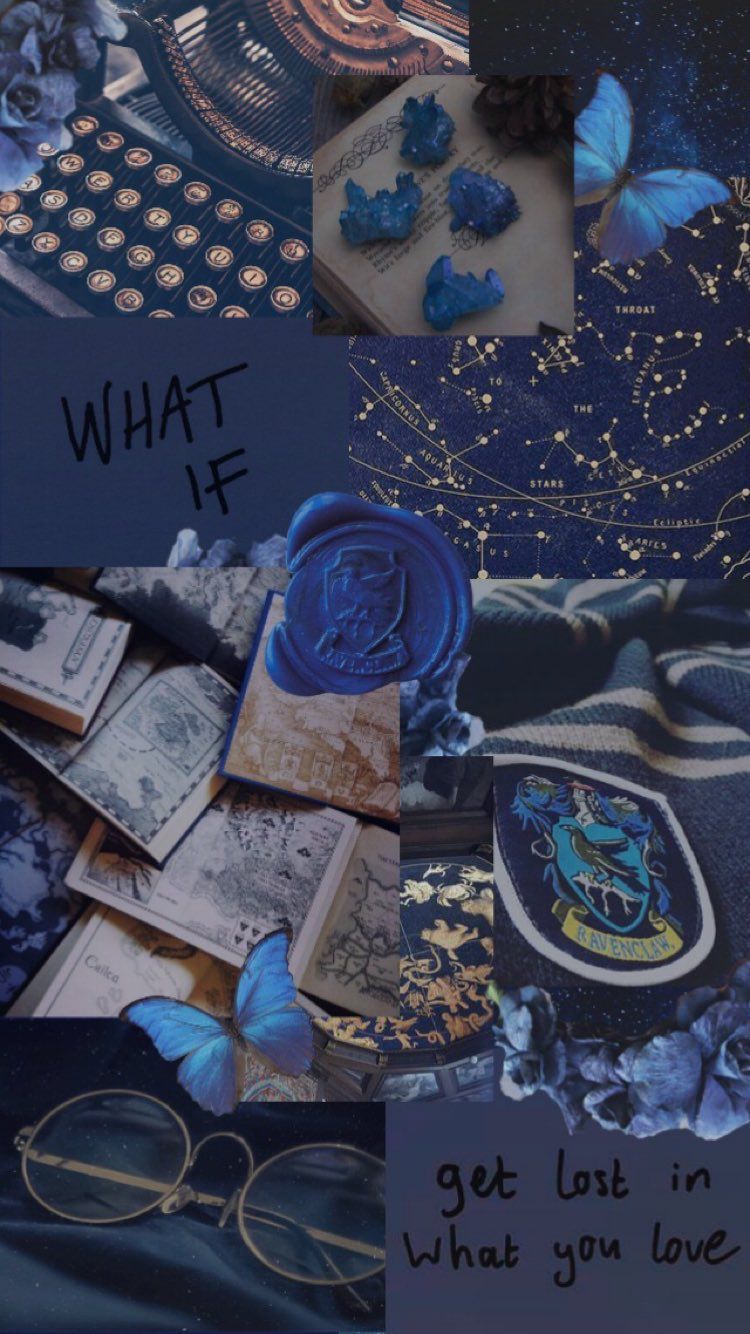 Harry Potter aesthetic wallpaper, blue and black, ravenclaw, hogwarts, book, glasses, butterfly, seal - Ravenclaw