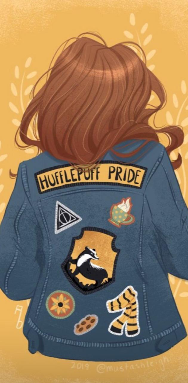 A drawing of a girl with brown hair wearing a denim jacket with Hufflepuff pride written on the back - Hufflepuff