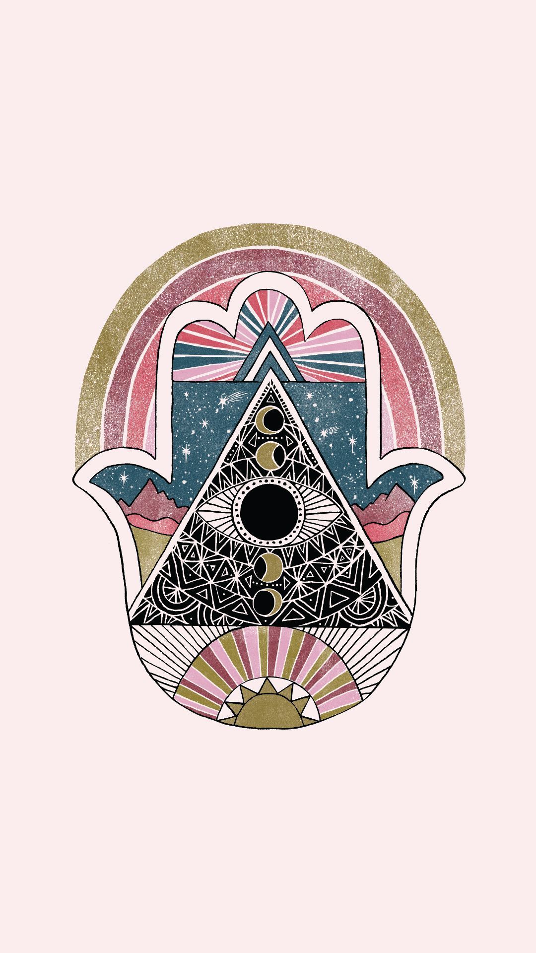 A phone wallpaper of a hamsa hand with a moon phase design - Spiritual