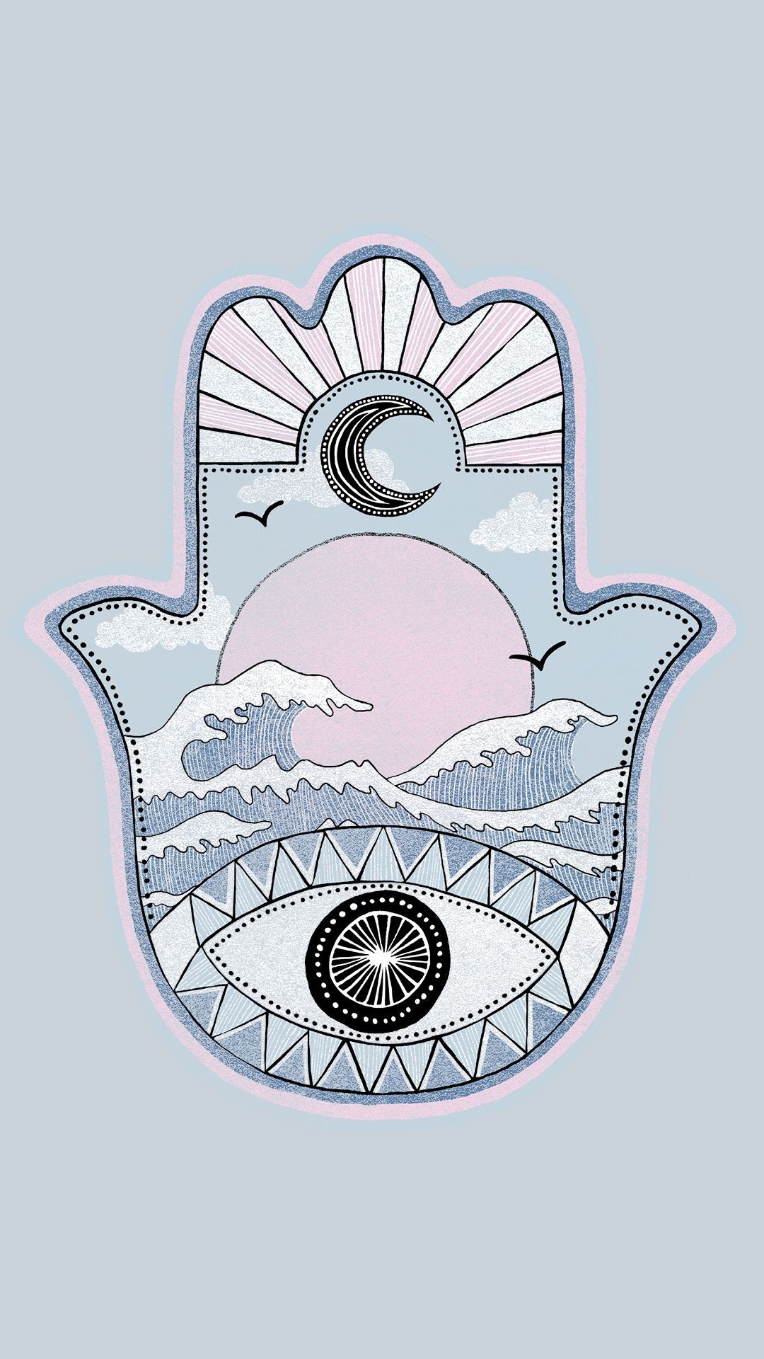 The hamsa hand with a moon and waves - Spiritual, eyes