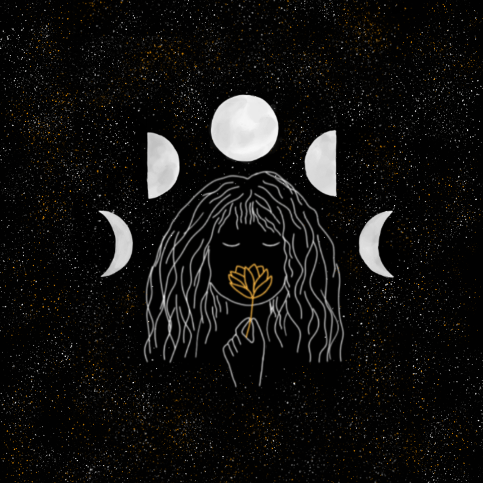 A woman with a flower in her mouth surrounded by phases of the moon - Spiritual