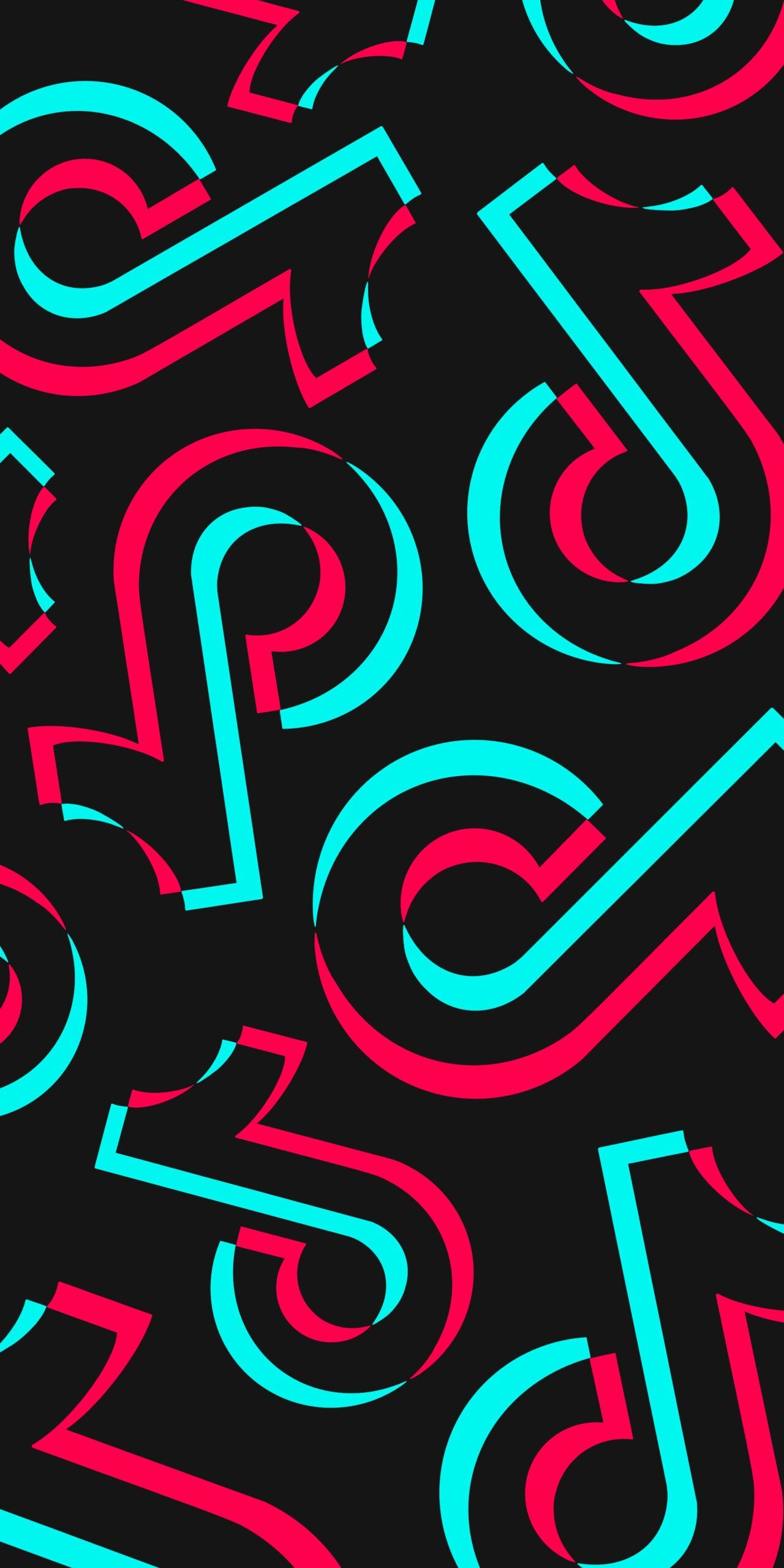 A pattern of the TikTok logo in red and blue on a black background - TikTok